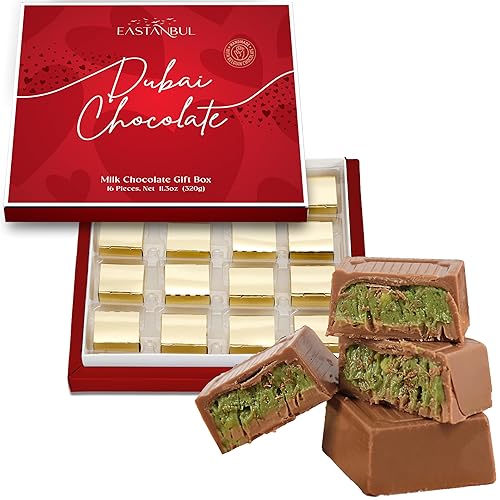 Eastanbul Dubai Chocolate Bar Pistachio, 11.3oz, Premium Pistachio Dubai Chocolate Bar, 16 Pieces Bites with Shredded Phyllo Dough, Knafeh, Viral