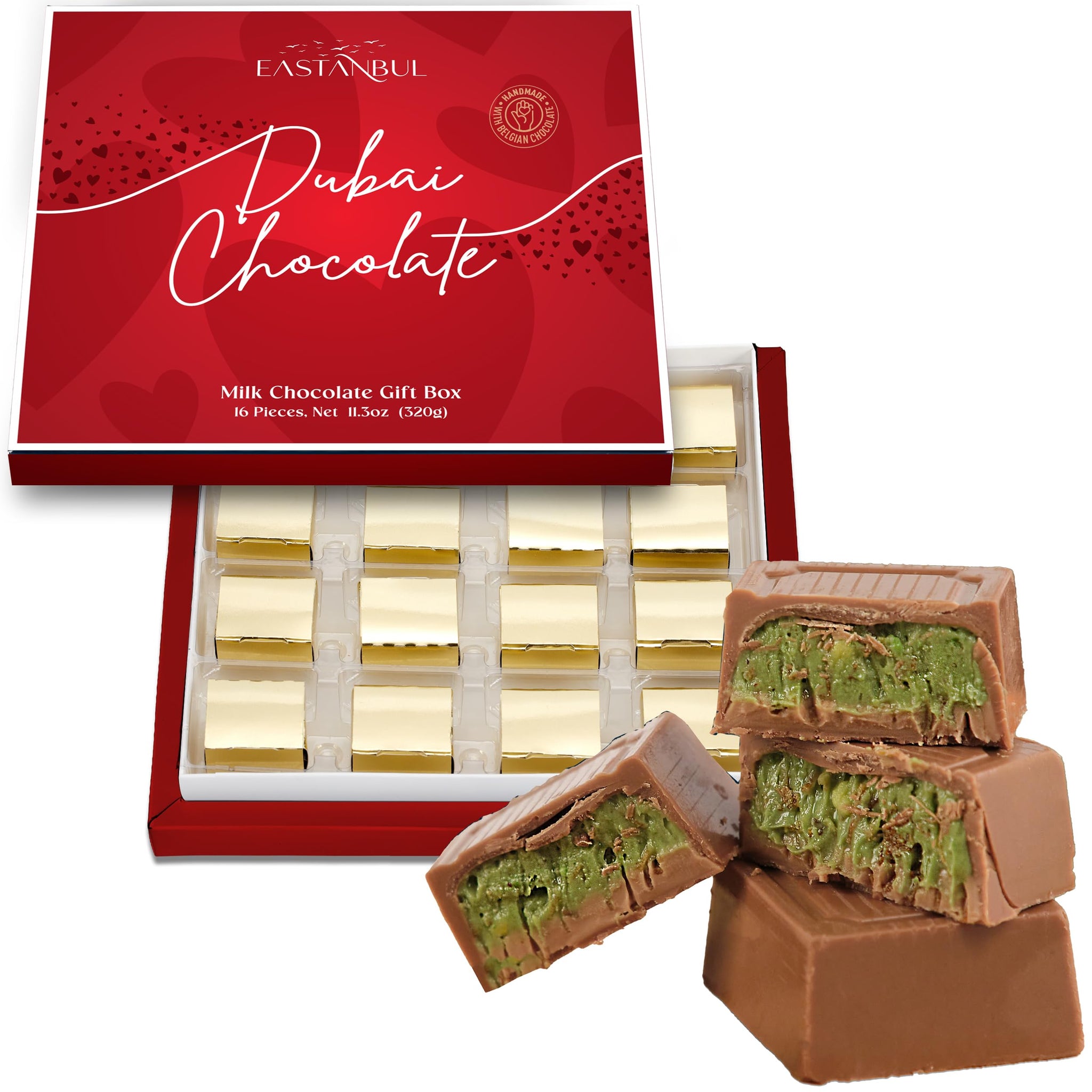 Eastanbul Dubai Chocolate Bar Pistachio, 11.3oz, Premium Pistachio Dubai Chocolate Bar, 16 Pieces Bites with Shredded Phyllo Dough, Knafeh, Viral