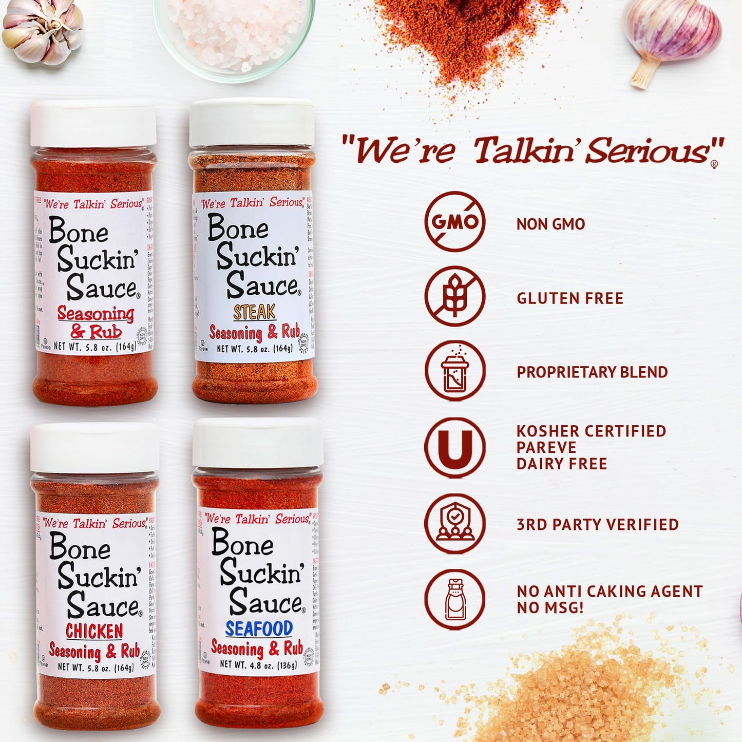 Bone Suckin' Sauce Seasoning and Rub-Variety, Original, Steak, Seafood and Chicken, Great for Grilling, Smoking, Non-GMO, Gluten-Free, Fat Free