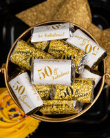 50th Birthday Miniatures Candy Bar Wrapper, (Set of 60) Mini Candy Bar Stickers; 3 Designs: 24 Gold, 24 Black, 12 White, Candy Not Included. Made in