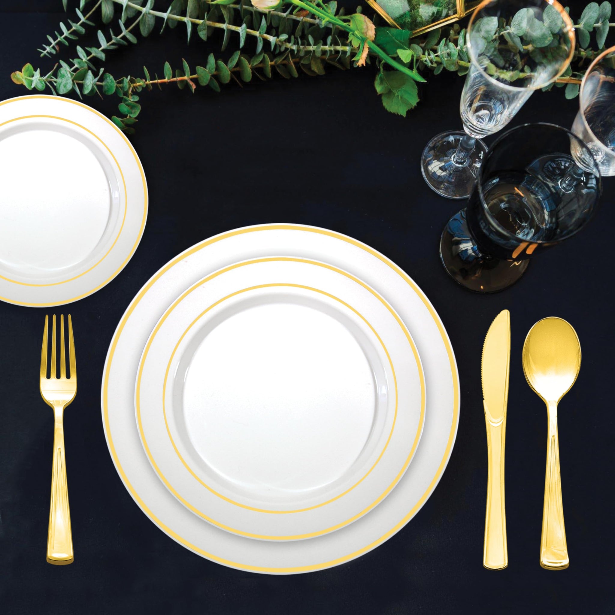 Party Essentials Divine Plastic Dinnerware Disposable Plates for Party, Real China Look, White Gold Rim, 9" 24-Count