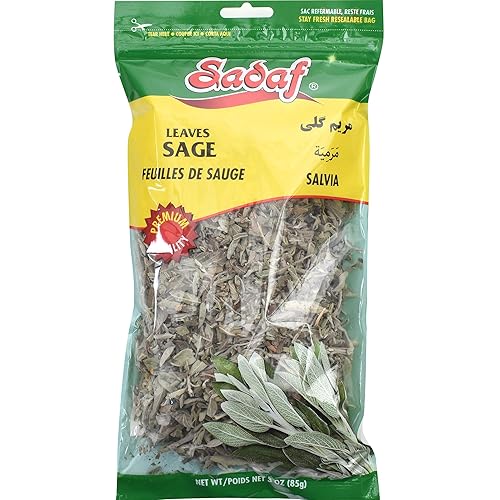 Sadaf Sage Leaves - Whole Sage Leaves for Cooking and Food Flavoring - Salvia Spice - Mediterranean Cuisine - Kosher - 3 Oz Resealable Bag