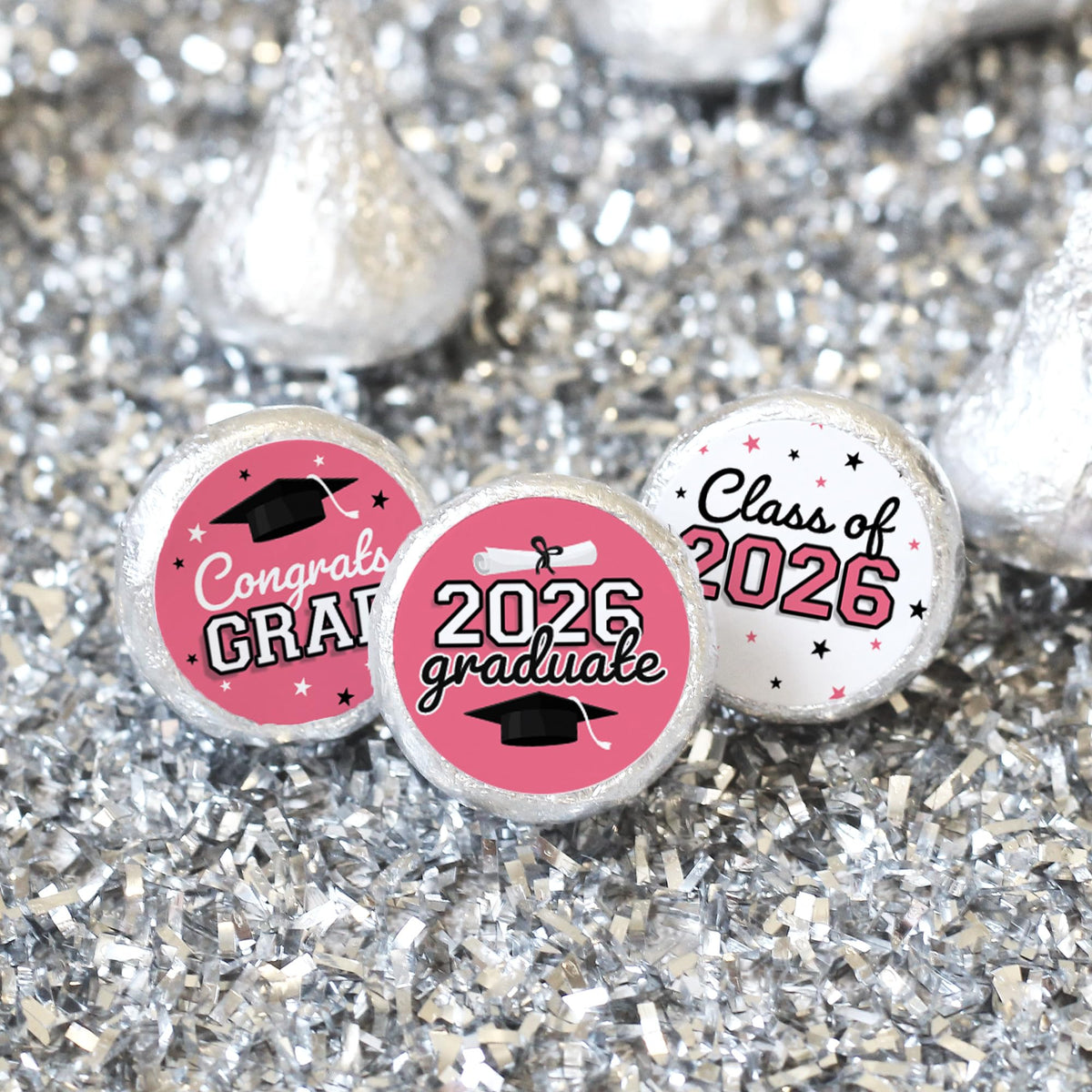 DISTINCTIVS Class of 2026 Graduation Candy Stickers for Chocolate Drops, Pink Grad Party Favors - 216 Count