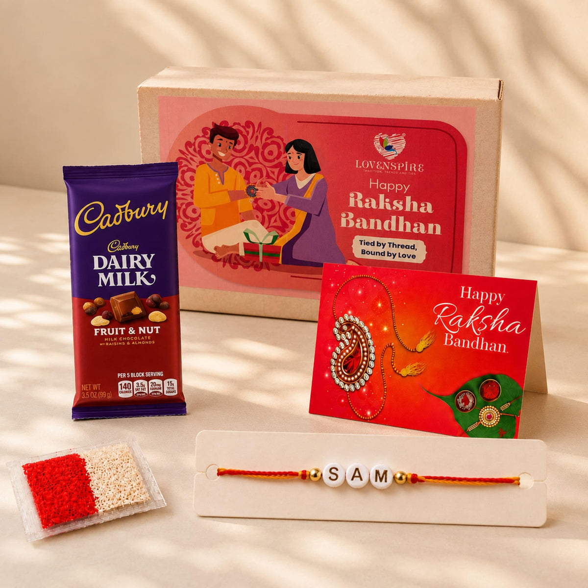 LoveNspire Personalized Name Bead Rakhi for Brother - Custom Bracelet Jewelry Gift with Greeting Card, Roli Chawal & Chocolates, Raksha Bandhan Gift