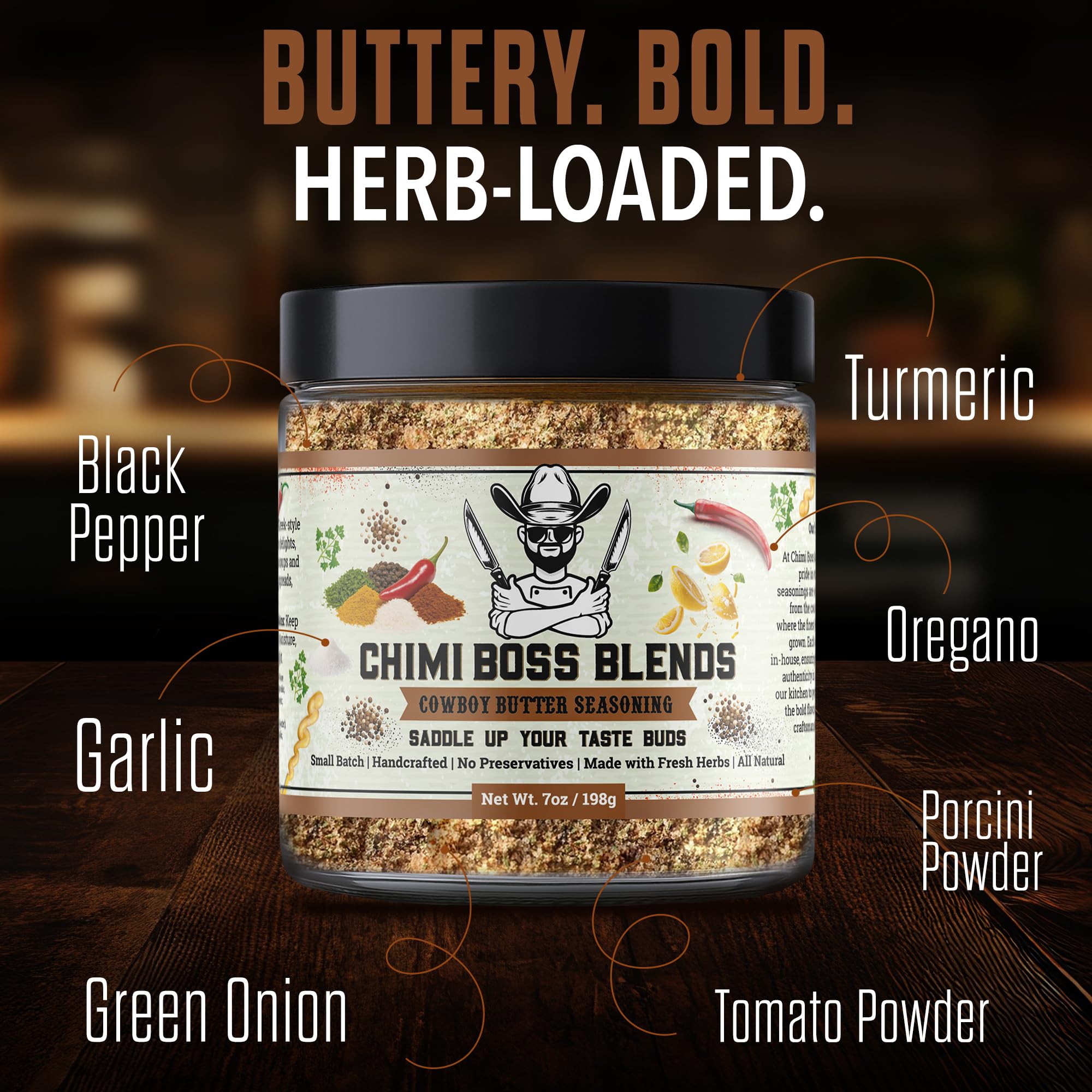Chimi Boss Blends Cowboy Butter Seasoning, 7oz - Garlic Herb Butter Dry Rub for Grilling, Smoking & BBQ - Gourmet Small-Batch Spice Blend for Steak