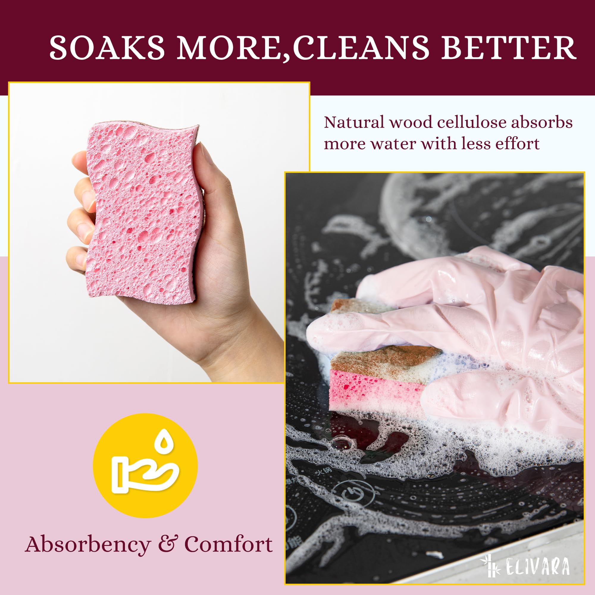 ELIVARA Kitchen Sponges - 12 Pack - Non-Scratch Dual-Sided Cellulose Scrub Sponges for Dishes, Pots, and Pans - Durable, Absorbent, and Reusable
