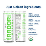 ARDOR Sparkling Water with 100mg Natural Caffeine & 200mg L-Theanine from Organic Green Tea for Smooth Energy & Focus | No Sugar, 0 Calories | Vegan