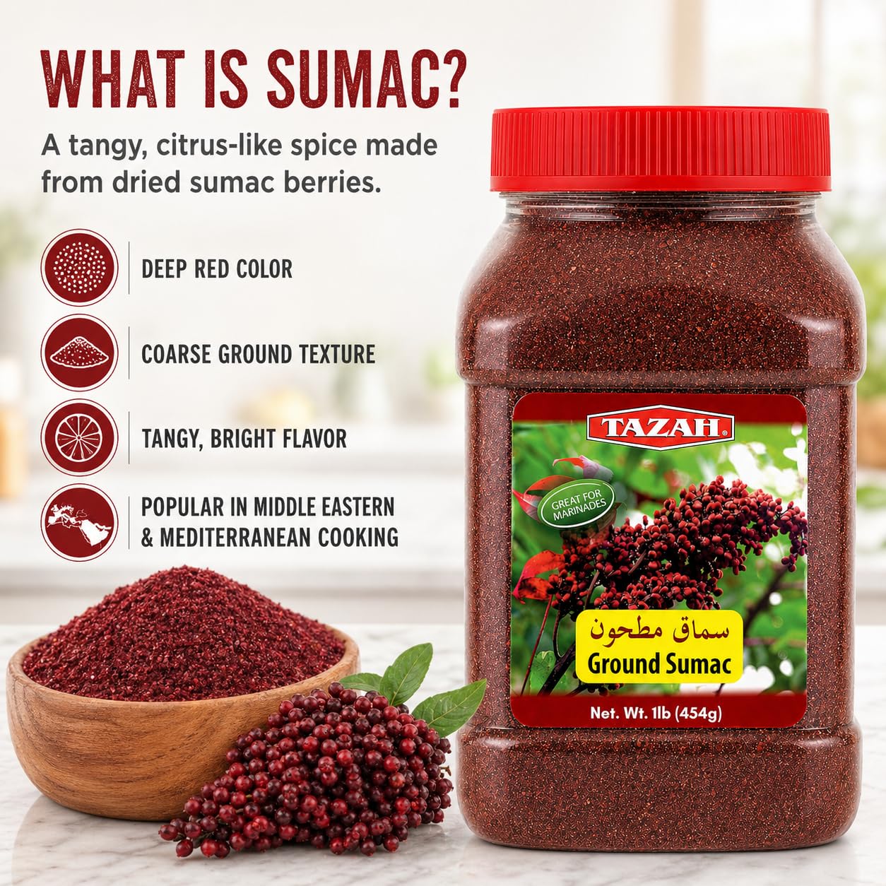 Tazah Sumac Spice 1 lb, Ground Sumac Seasoning from Jordan, Tangy Middle Eastern Spice for Mediterranean Cooking, Marinades, Kabobs, Salads and Hummus