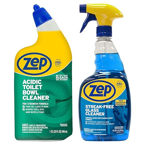 Zep Acidic Toilet Bowl Cleaner 32 oz (1 Unit) and Zep Streak-Free Glass Cleaner 32 oz (1 Unit) ECBD049 - Toilet Bowl Cleaner and Glass Cleaner