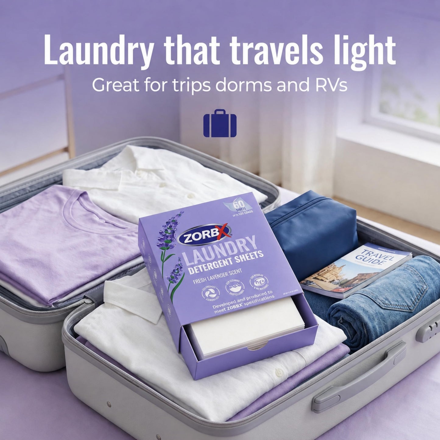 ZORBX Lavender Scented Laundry Detergent Sheets (60 Ct for Up to 120 Loads) - Liquid-less, Quick Dissolving Laundry Soap Sheets for Tackling Tough