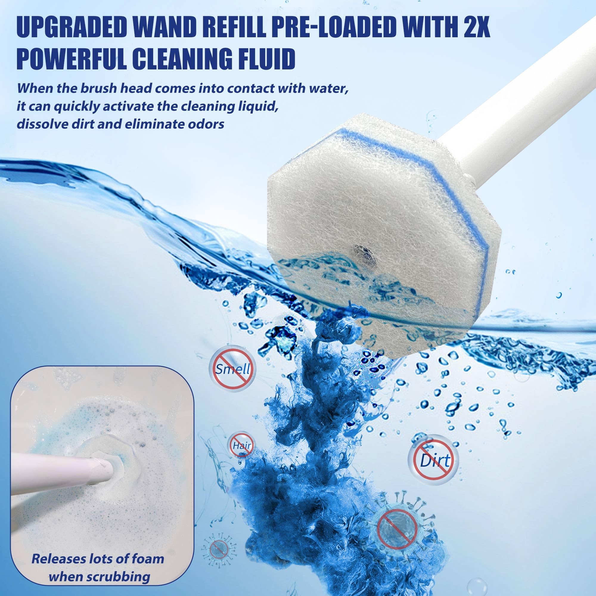 Disposable Toilet Brush Set, 2 Pack Cleaning Wand with 30 Pre-Soaked Heads, Extended Handle & Wall Mount Holder, Hands-Free Design for Home RV