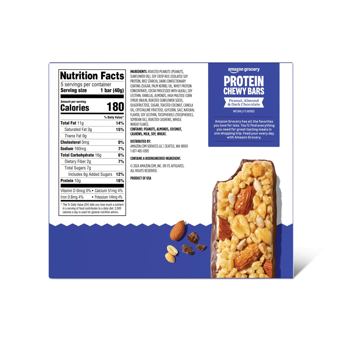 Amazon Grocery, Protein Chewy Bars, Peanut, Almond & Dark Chocolate Flavor, 7.1 oz, 5 ct (Previously Happy Belly, Packaging May Vary)