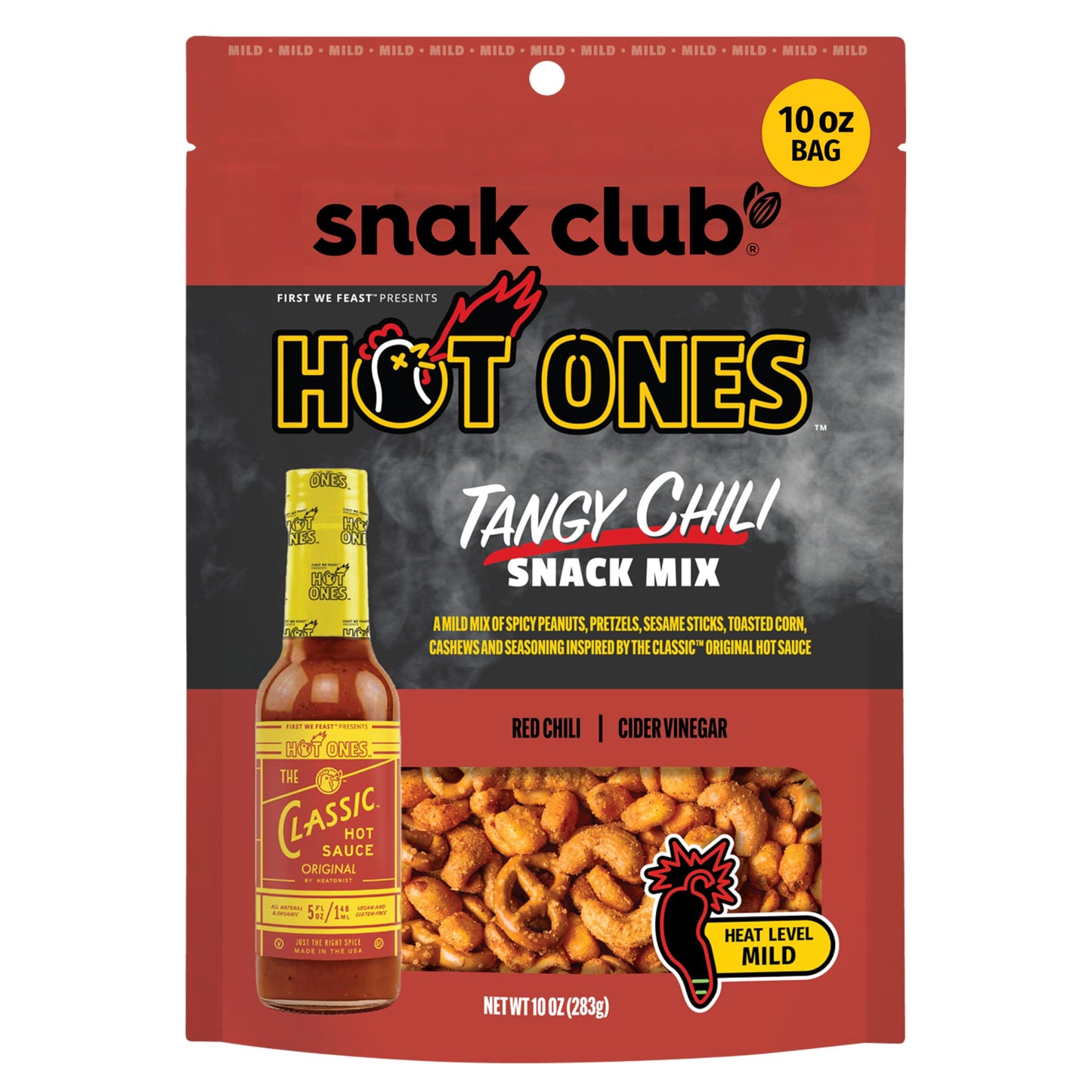 Snak Club x Hot Ones Tangy Chili Snack Mix, Mild Spicy Snacks with Peanuts, Pretzels, Sesame Sticks, Toasted Corn & Cashews, Inspired by Hot Ones Hot