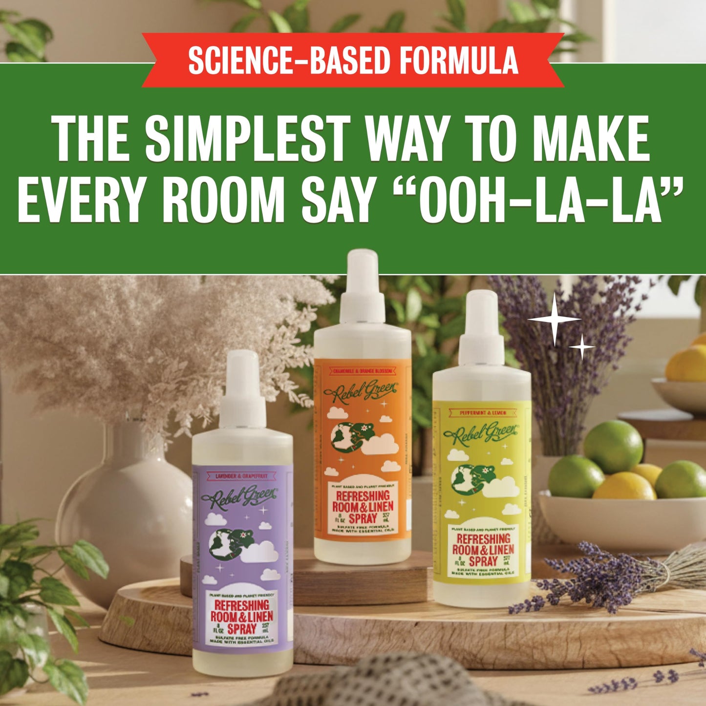 Rebel Green Refreshing Room & Linen Spray Variety Pack of 3 - Plant-Based Essential Oil Air Freshener - Lavender Grapefruit, Peppermint Lemon