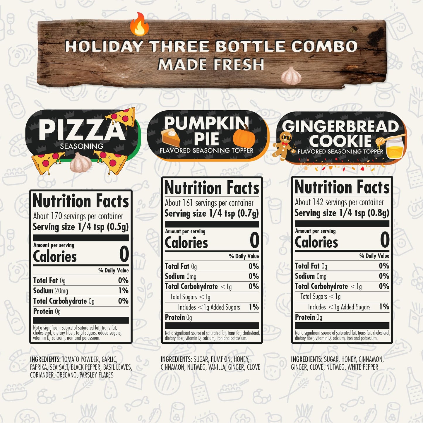 Holiday Combo Pack of 3 Herb, Spices, Toppers and Seasoning Gift Set - Pumpkin Spice, Gingerbread Cookie & Pizza - Premium All Natural & Healthy Spice