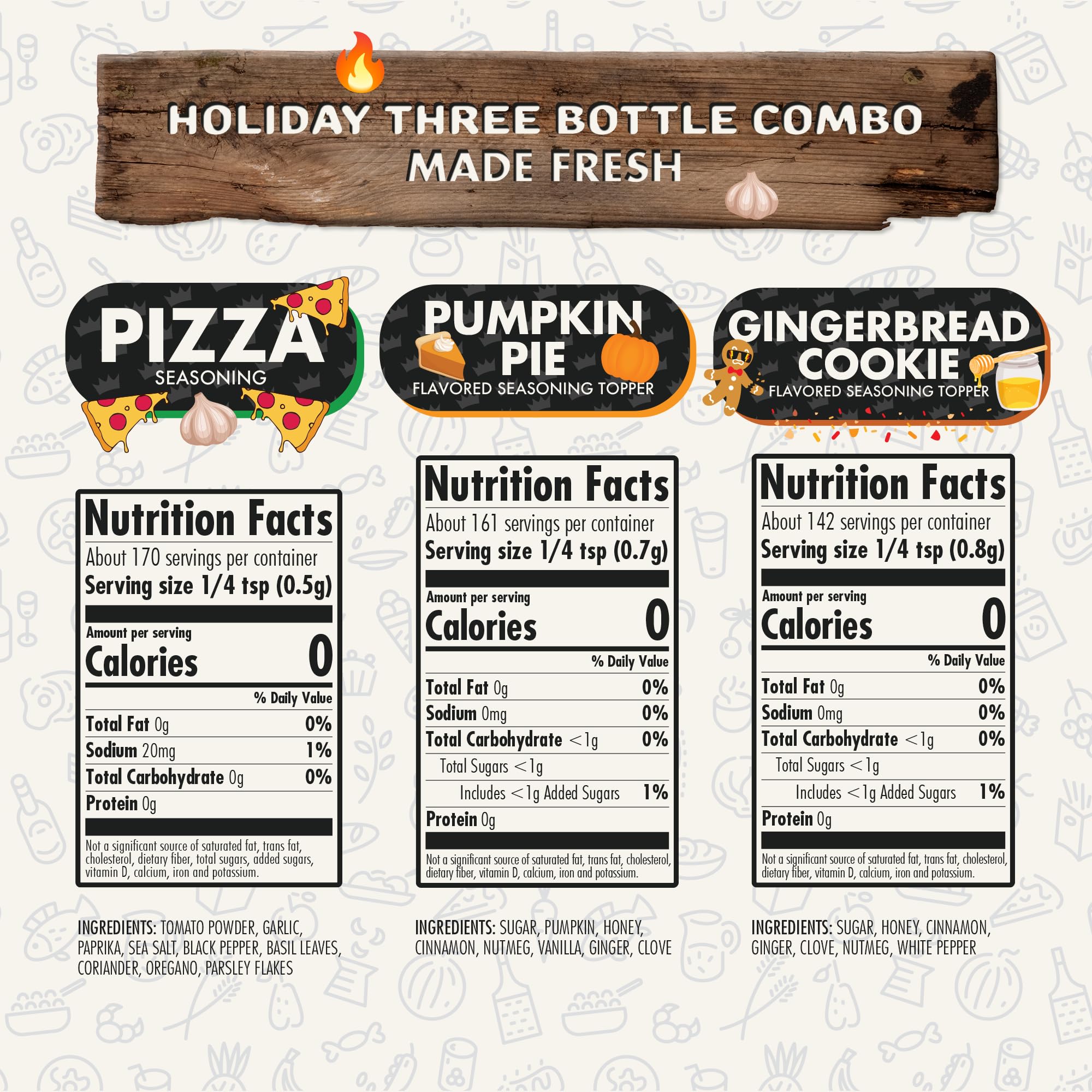 Holiday Combo Pack of 3 Herb, Spices, Toppers and Seasoning Gift Set - Pumpkin Spice, Gingerbread Cookie & Pizza - Premium All Natural & Healthy Spice