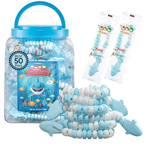 50 Shark Candy Bracelets, Cool Blue Candy for Under the Sea and Baby Shark Party Favors, Decorations and Goody Bag Fillers, Individually Wrapped In a