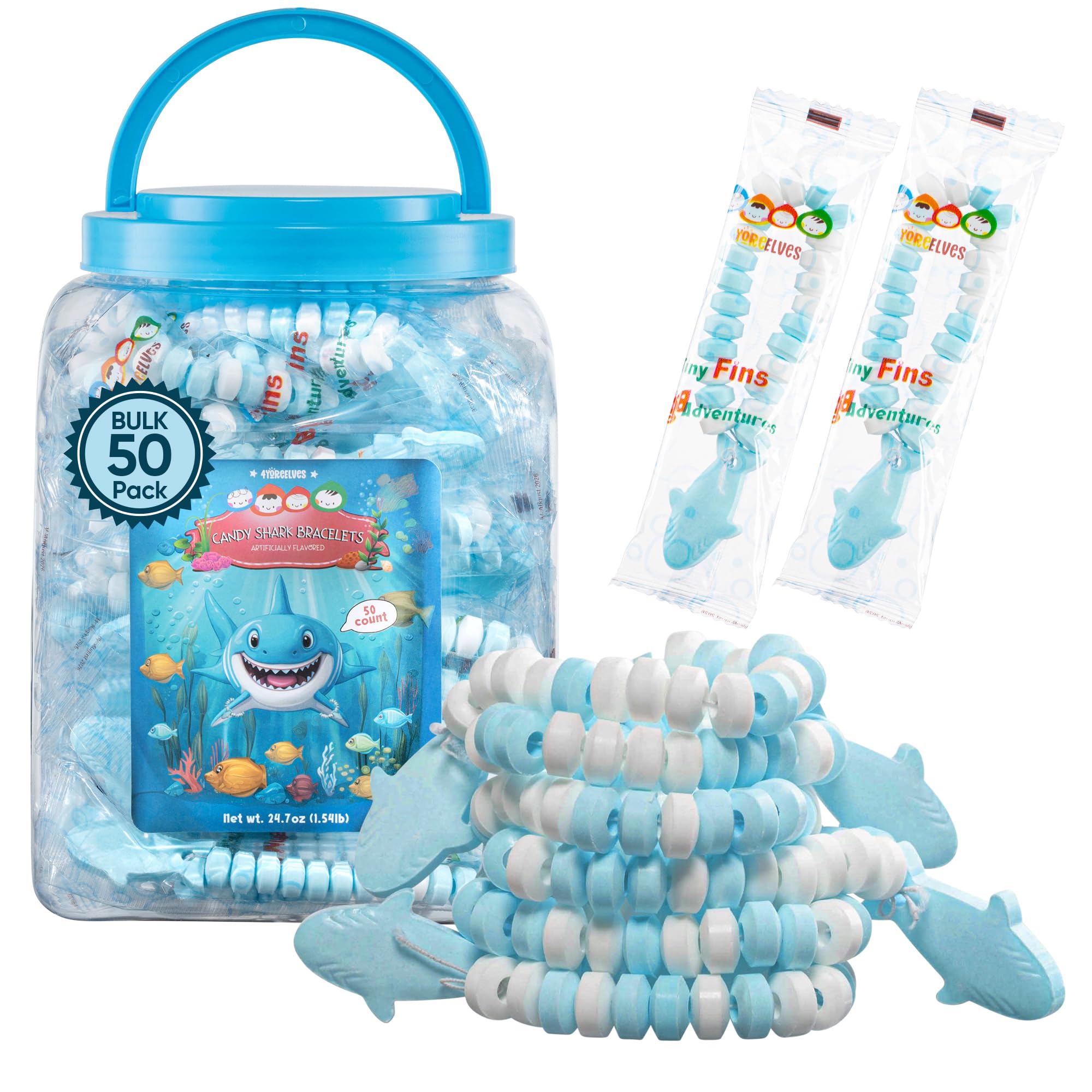 50 Shark Candy Bracelets, Cool Blue Candy for Under the Sea and Baby Shark Party Favors, Decorations and Goody Bag Fillers, Individually Wrapped In a
