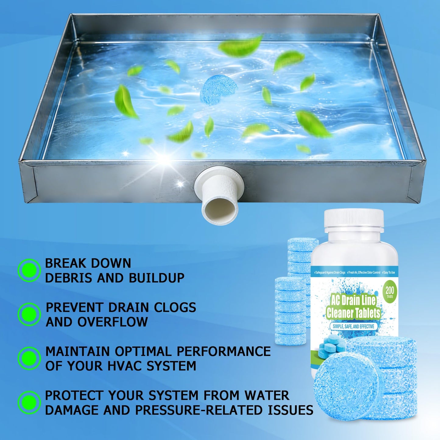 AC Drain Line Cleaner (200 Count)- Prevents Odors, Keeps HVAC Drain Pan Clean,No-Residue, Water-Soluble, Fast-AC Line Cleaner For HVAC Window Units
