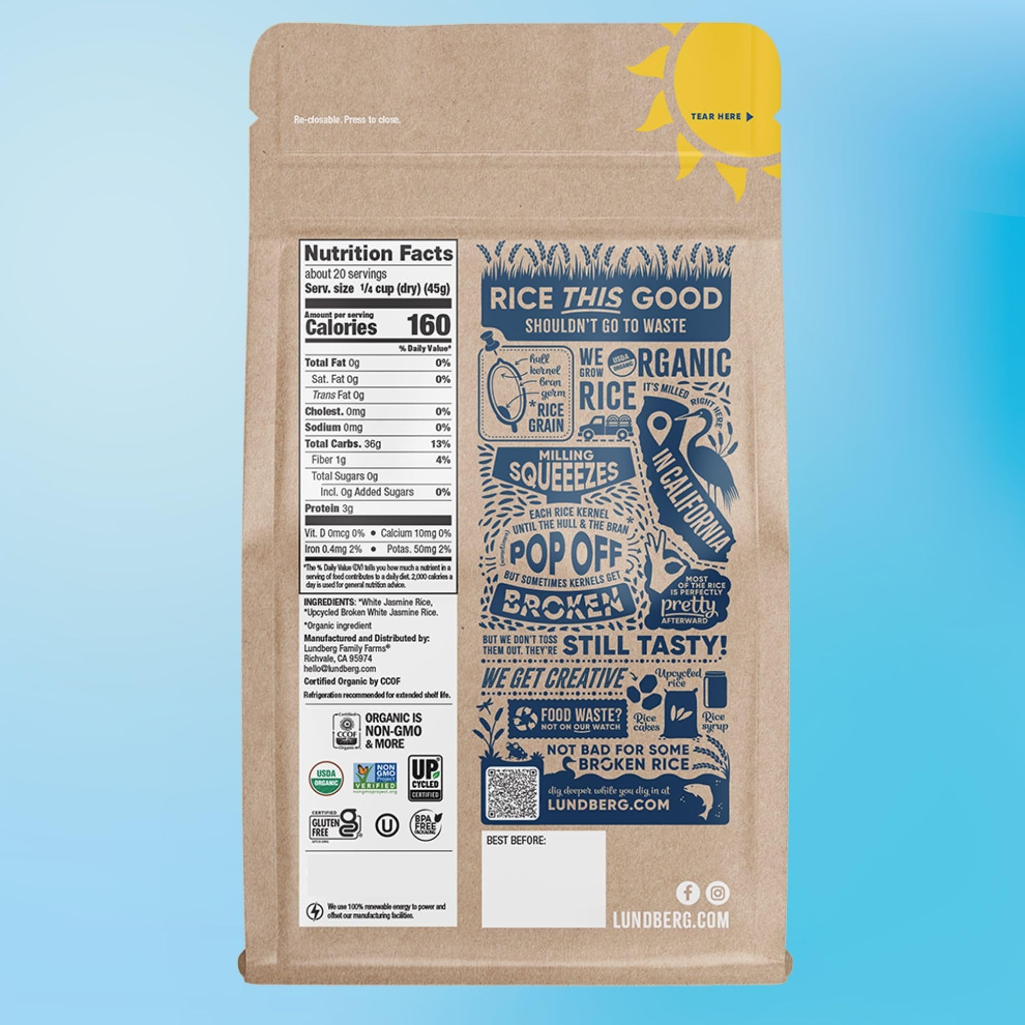 Lundberg Upcycled Organic Jasmine White Rice - Light & Fluffy, Gluten Free, Resealable 2lb Bag (Pack of 1)