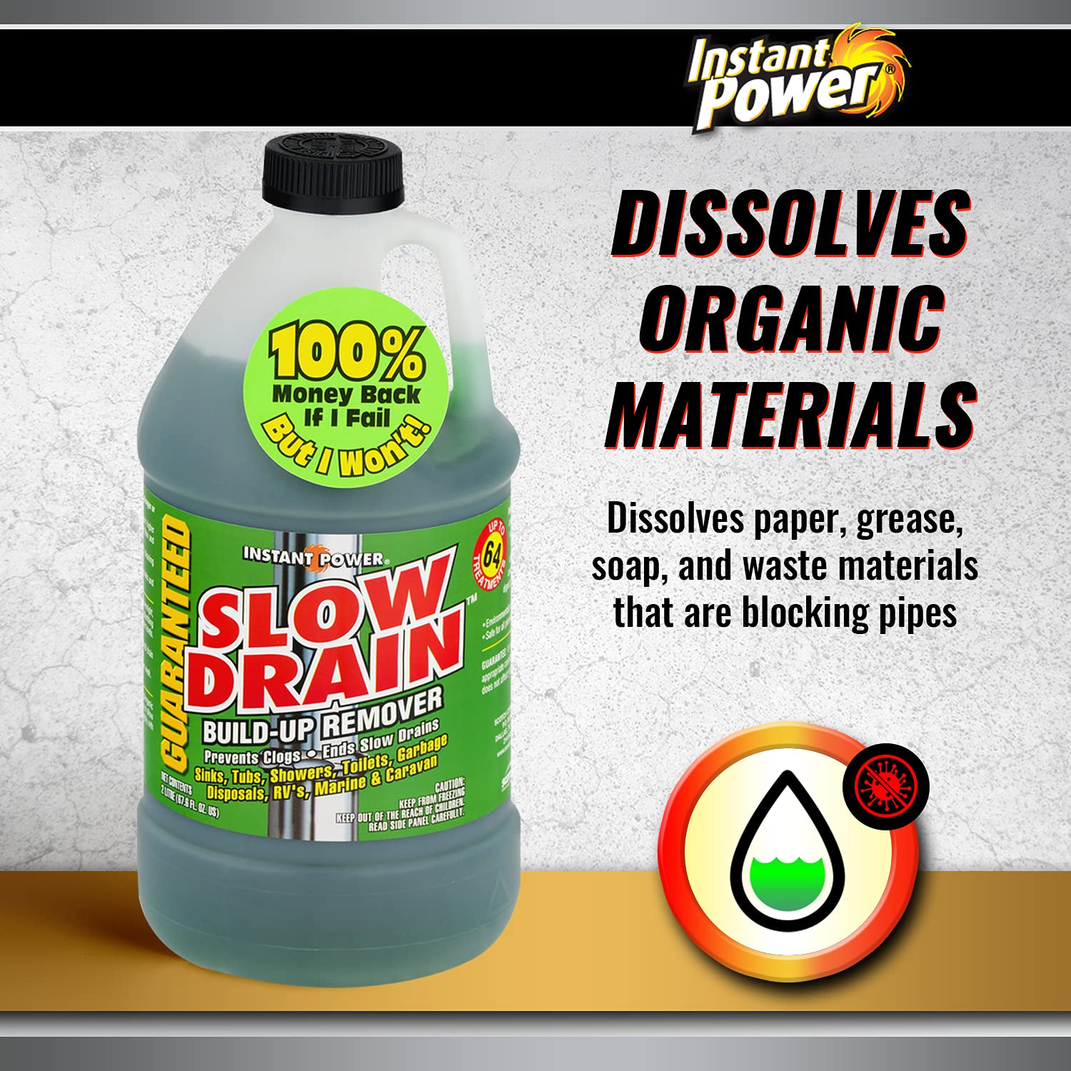 Instant Power Slow Drain Build Up Remover - Prevents Clogs, Ends Slow Drains for Sinks,Tubs, Showers, Toilets, Disposals, RVs, 2 Liters
