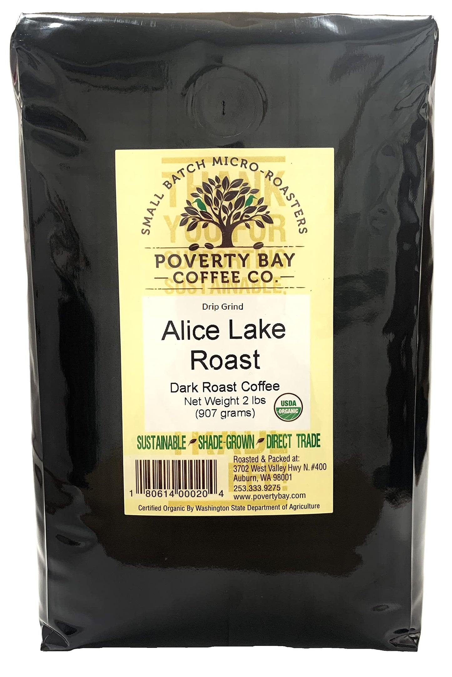 Alice Lake Organic Dark Roast Ground Coffee Beans - Freshly Roasted by Poverty Bay Coffee Company, 2lb Bag