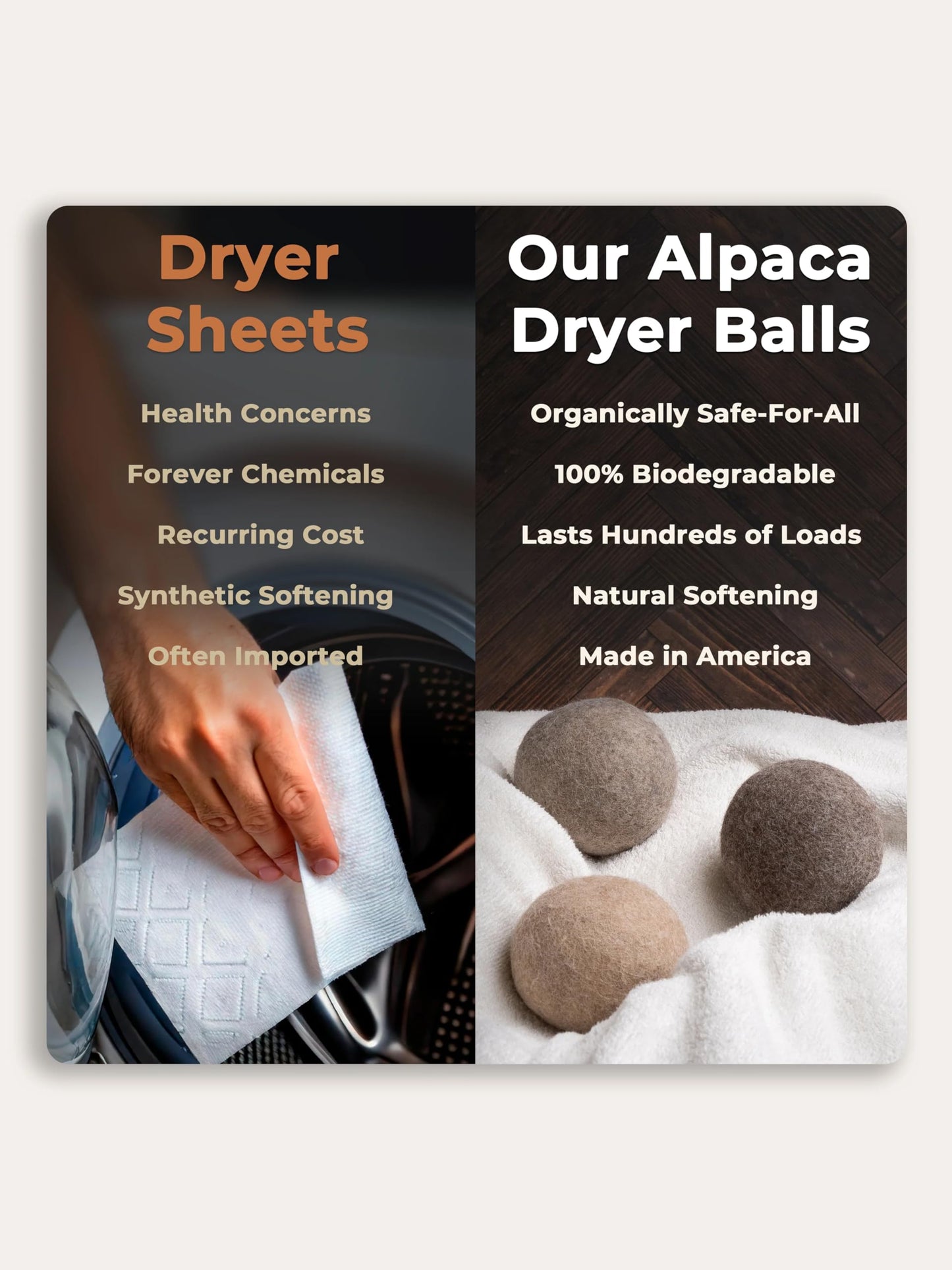 Rustic Strength Alpaca Dryer Balls, Hypoallergenic, Sustainable, Reduces Dry Time & Static, Chemical-Free, Ideal for Wool Allergies, 3 Pack