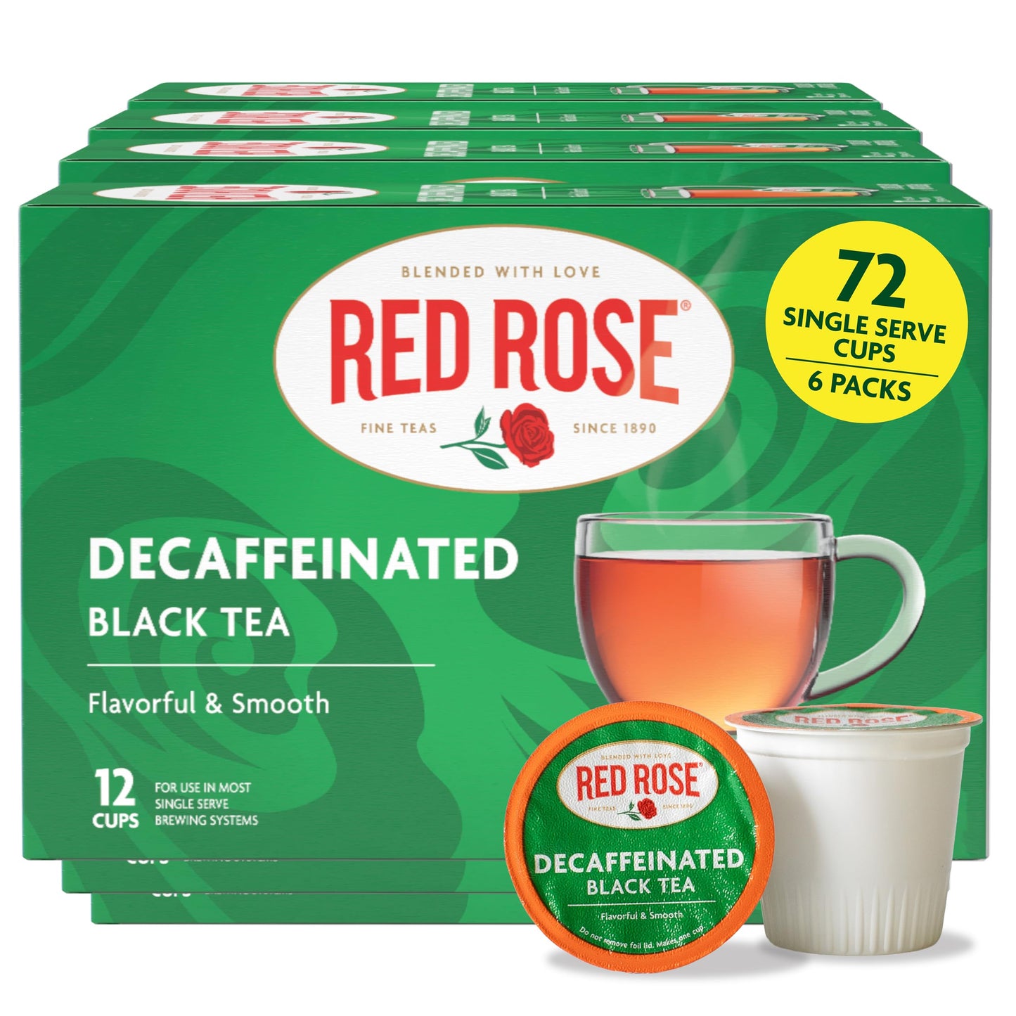 Red Rose Teas Black Teas, 72 Single Serve Cups K-Cup Pods for Keurig Coffee Maker, Naturally Decaffeinated