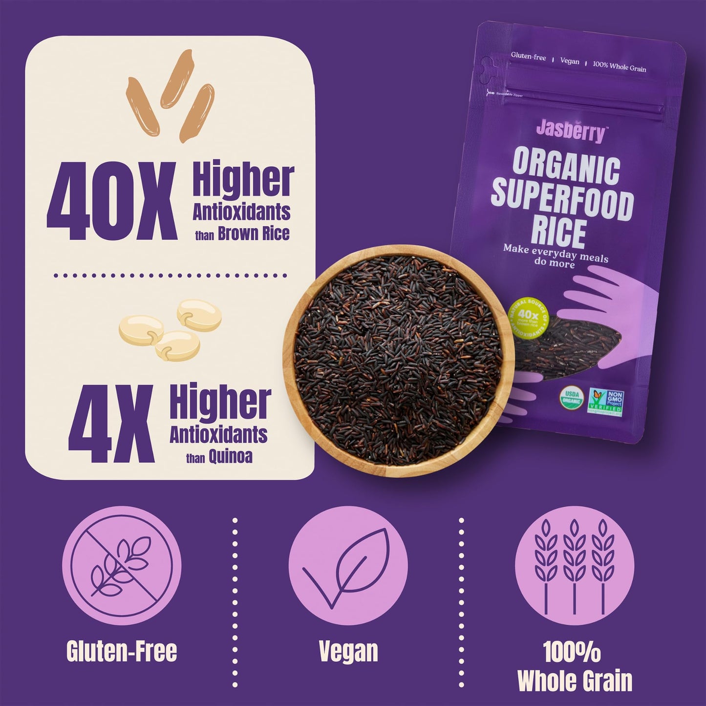 Jasberry - Organic Superfood Rice, Soft & Aromatic Whole Grain Purple Rice, High in Antioxidants, Non-GMO, Gluten-free, Easy to cook, Versatile USDA Certified Organic, Vegan, Sustainable, Regenerative Farming, Small-scale farmers 15oz (3 Pack)