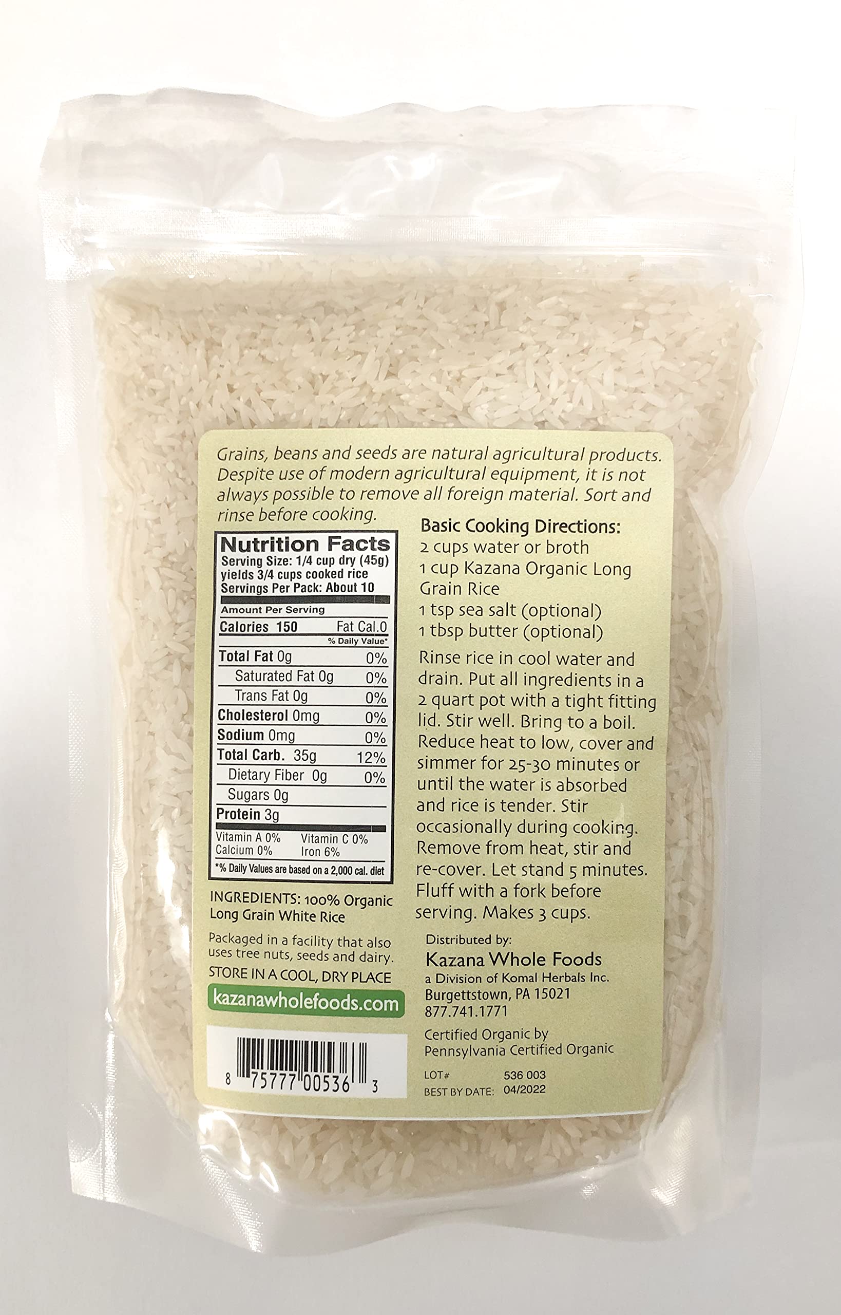 Kazana Long Grain White Rice, 100% USDA Organic, 16oz (453g) (1 pack)