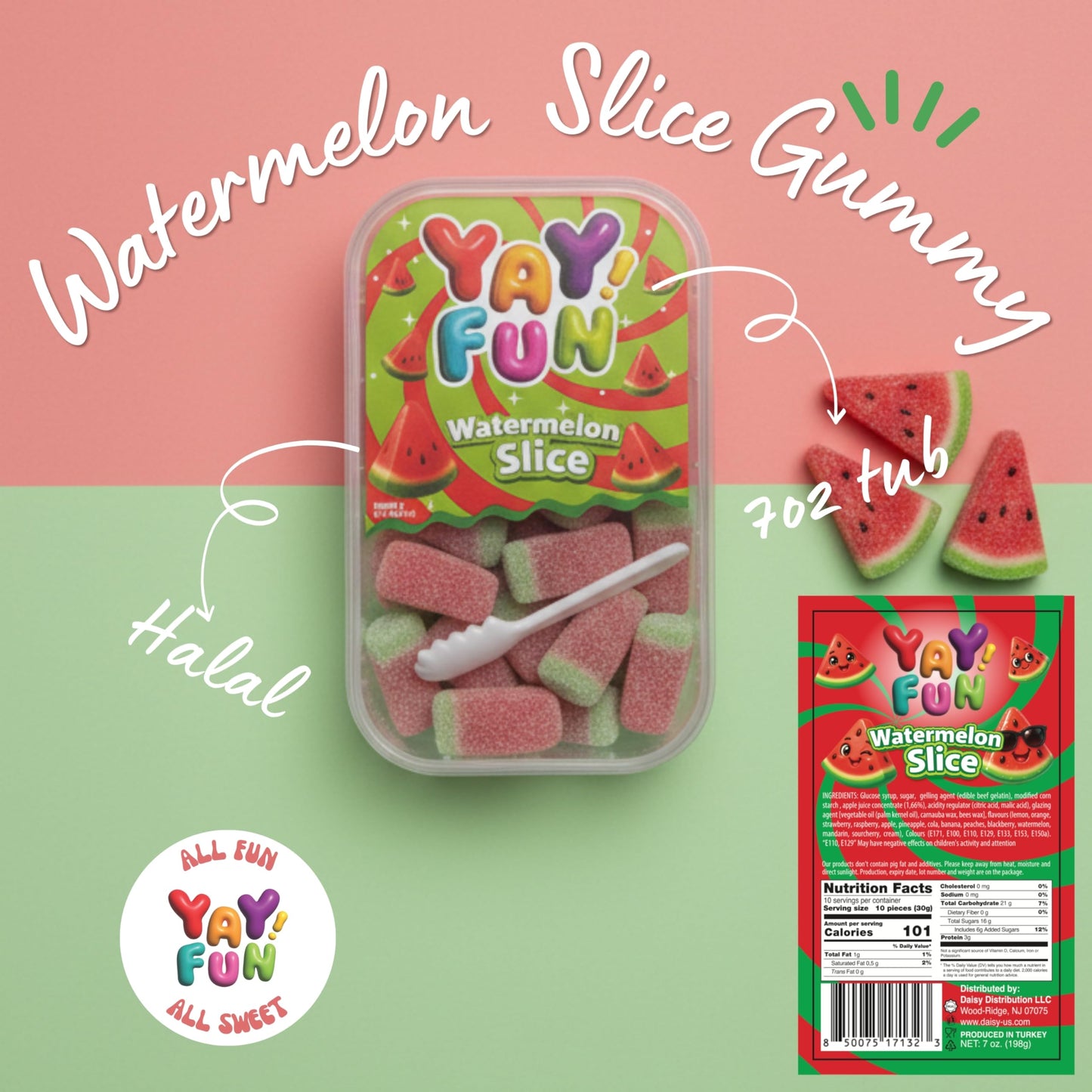 Halal Sour Gummy Watermelon Slices | 6 Pack Bundle (6x7 oz Tubs) | Chewy Sugar-Coated Watermelon Slice Gummy Candy | Resealable Tubs in Bulk