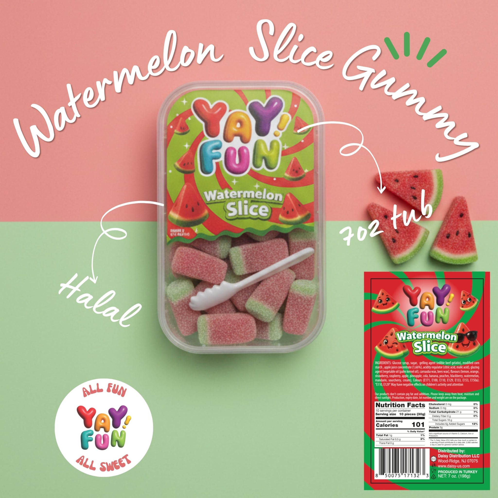 Halal Sour Gummy Watermelon Slices | 6 Pack Bundle (6x7 oz Tubs) | Chewy Sugar-Coated Watermelon Slice Gummy Candy | Resealable Tubs in Bulk