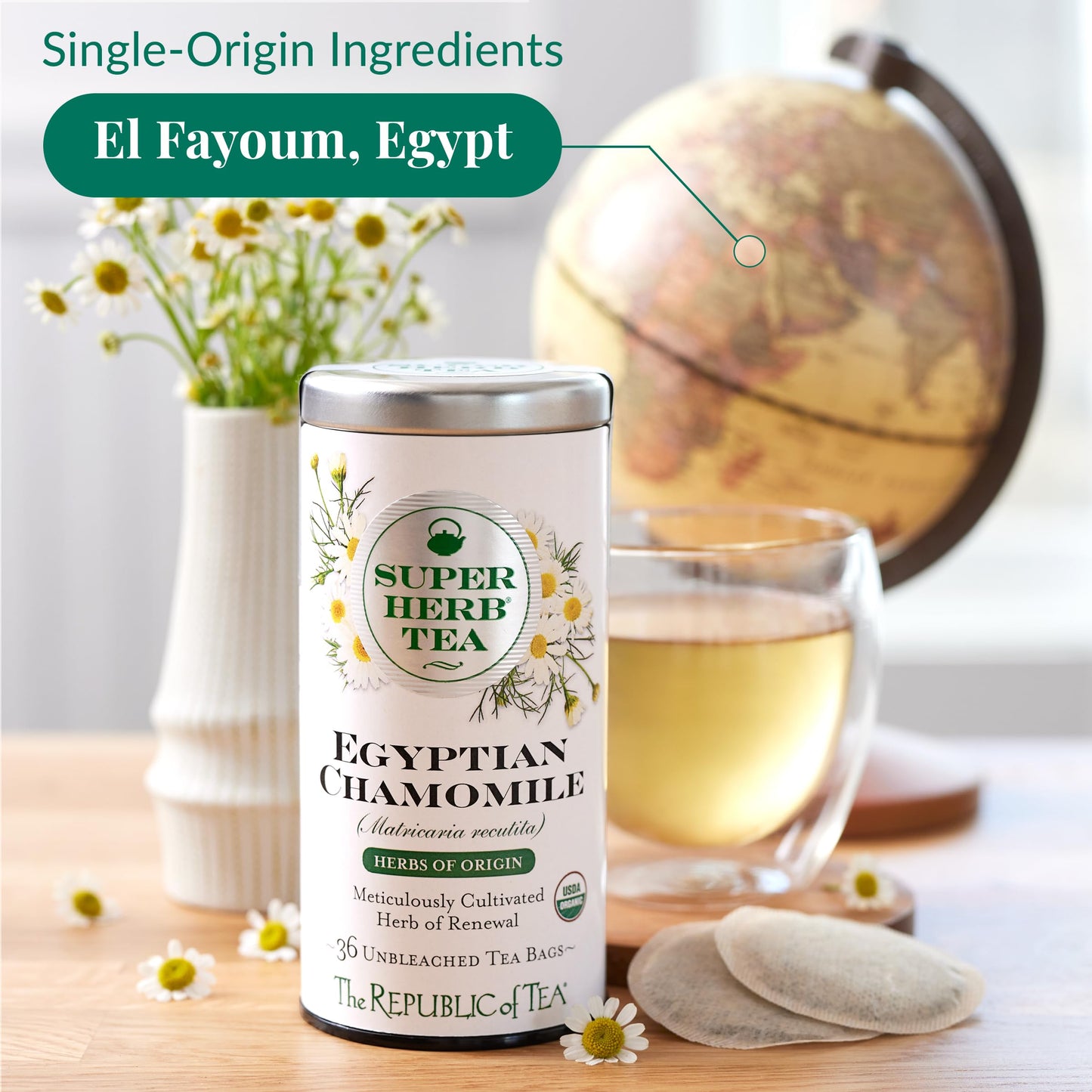 The Republic of Tea - Organic Egyptian Chamomile SuperHerb Tea Tin, 36 Herbal Tea Bags, Naturally Caffeine-Free Herbs of Origin
