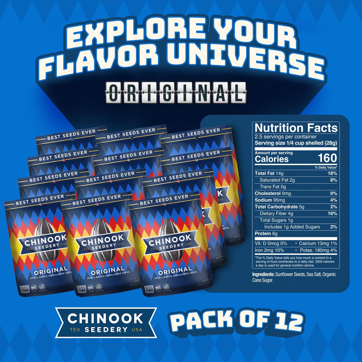 Chinook Seedery Sunflower Seeds to Eat - Jumbo, Flavored, Roasted, Low Sodium Snacks - Keto Friendly, Gluten-Free, Non-GMO - Original Flavor 4 oz