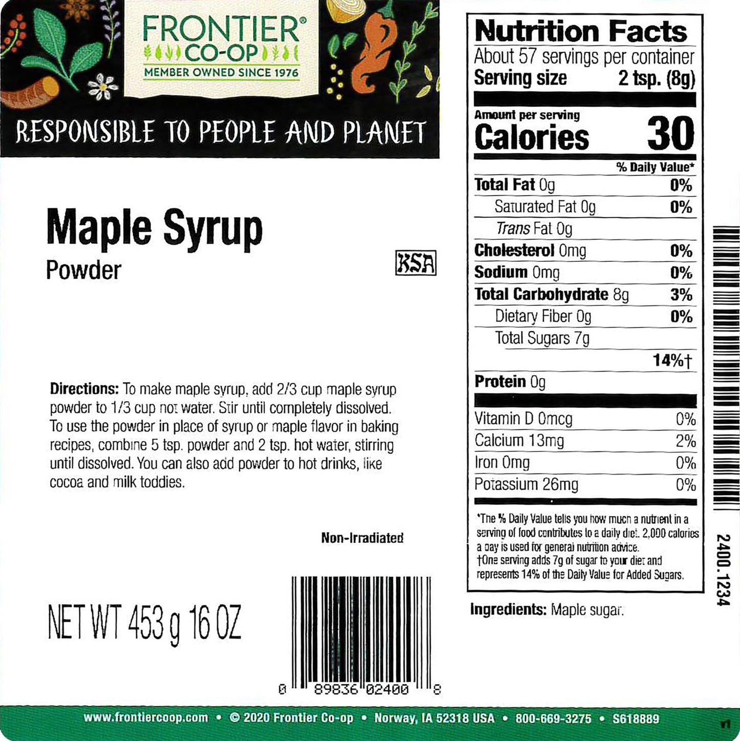 Frontier Co-op Maple Syrup Powder, 1lb Bulk Bag, Pure Maple Sugar, Natural Sweetener, Maple Powder - Perfect Sugar Alternative for Teas, Baking & More