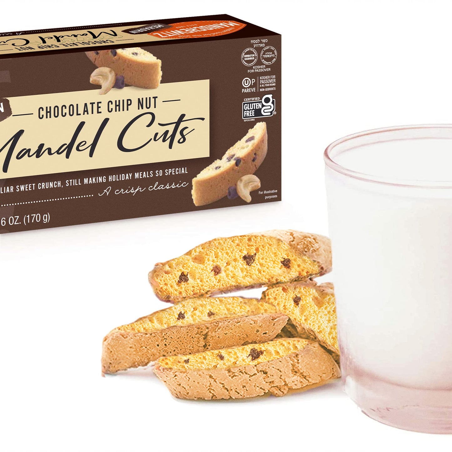 Manischewitz Chocolate Chip Nut Mandel Cuts 6oz (2 Pack), Dairy Free, Gluten Free & Grain Free Biscotti, Kosher for Passover