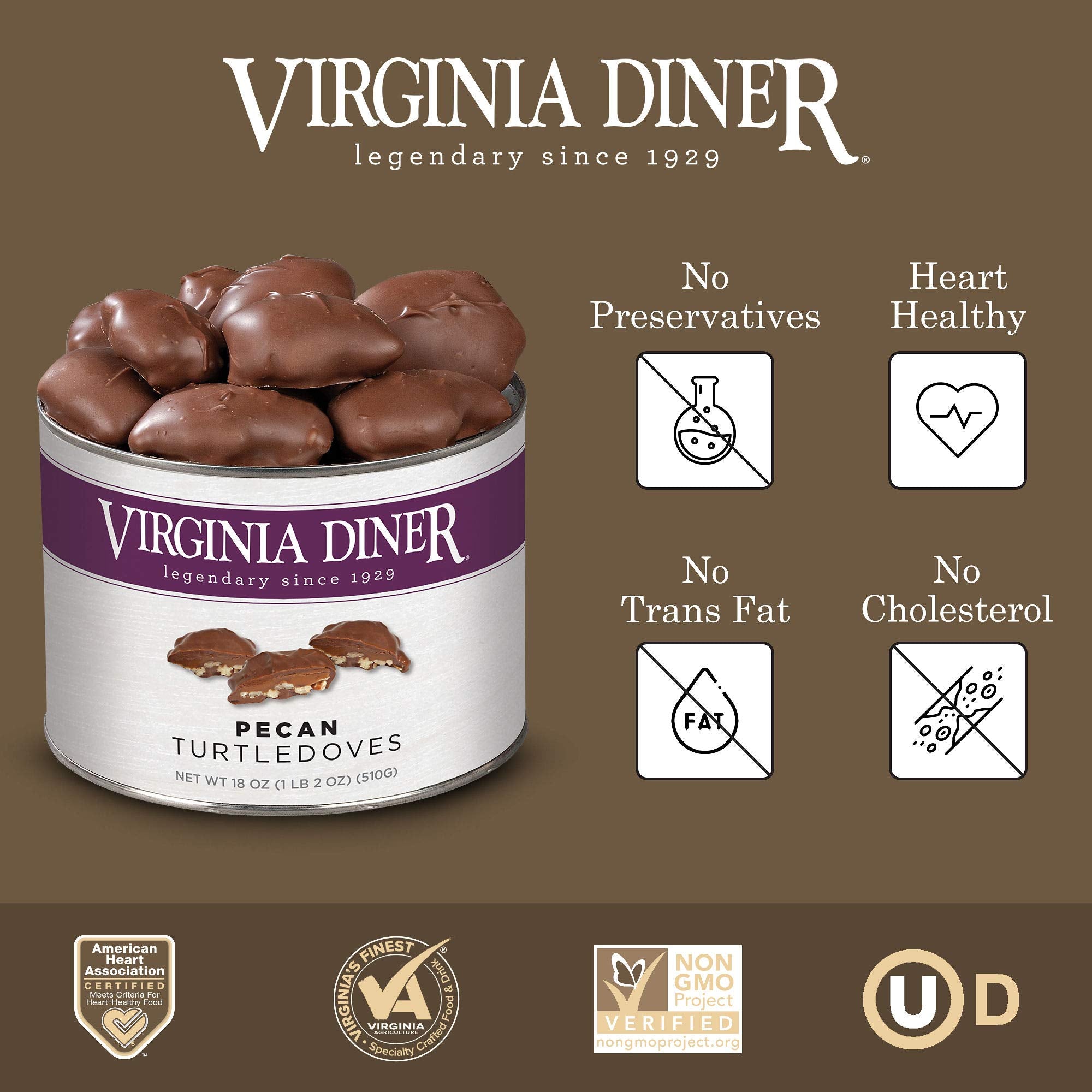 Virginia Diner Chocolate Pecan Dovetail Candy Clusters with Caramel - Preservative Free from Virginia Since 1929-18 Oz
