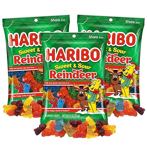 Haribo Reindeer Christmas Gummies, Sweet and Sour Candy, Stocking Stuffer Gifts, 4 Ounces (Pack of 3)