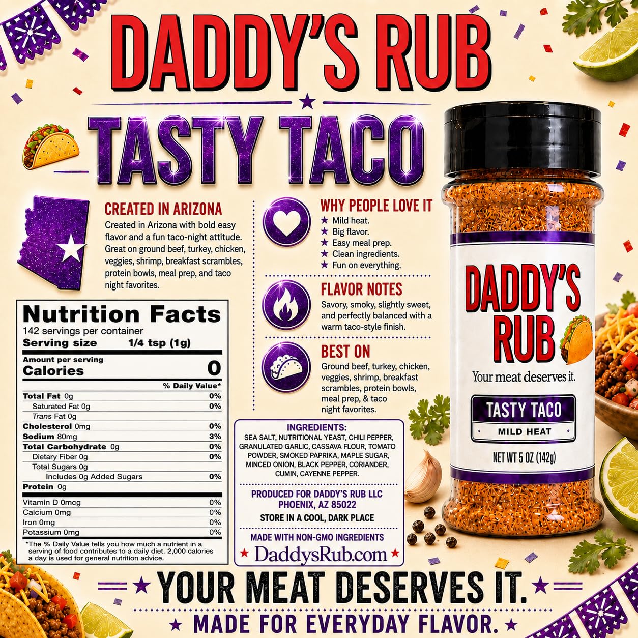 Daddy’s Rub Tasty Taco Seasoning Mix - Mild Heat Taco & Fajita Spice Blend for Easy Weeknight Meals, 5oz (Pack of 1)