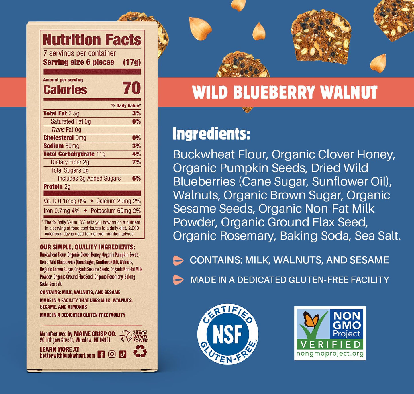 Maine Crisp Wild Blueberry Crisps - Gluten-Free Crackers With Blueberries, California Walnuts & Rosemary - Delicious Snack Crackers for Cheese Board