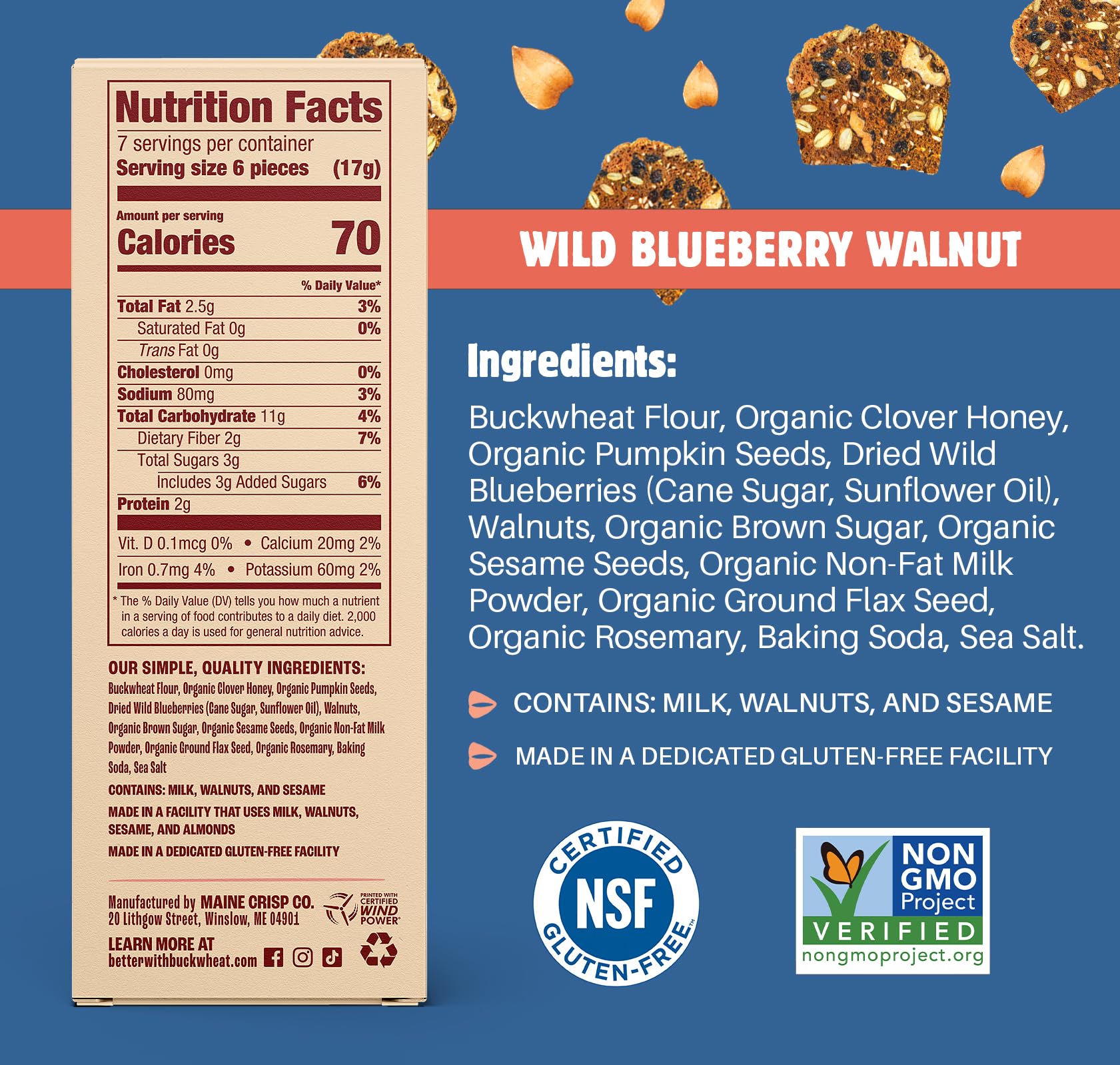 Maine Crisp Wild Blueberry Crisps - Gluten-Free Crackers With Blueberries, California Walnuts & Rosemary - Delicious Snack Crackers for Cheese Board