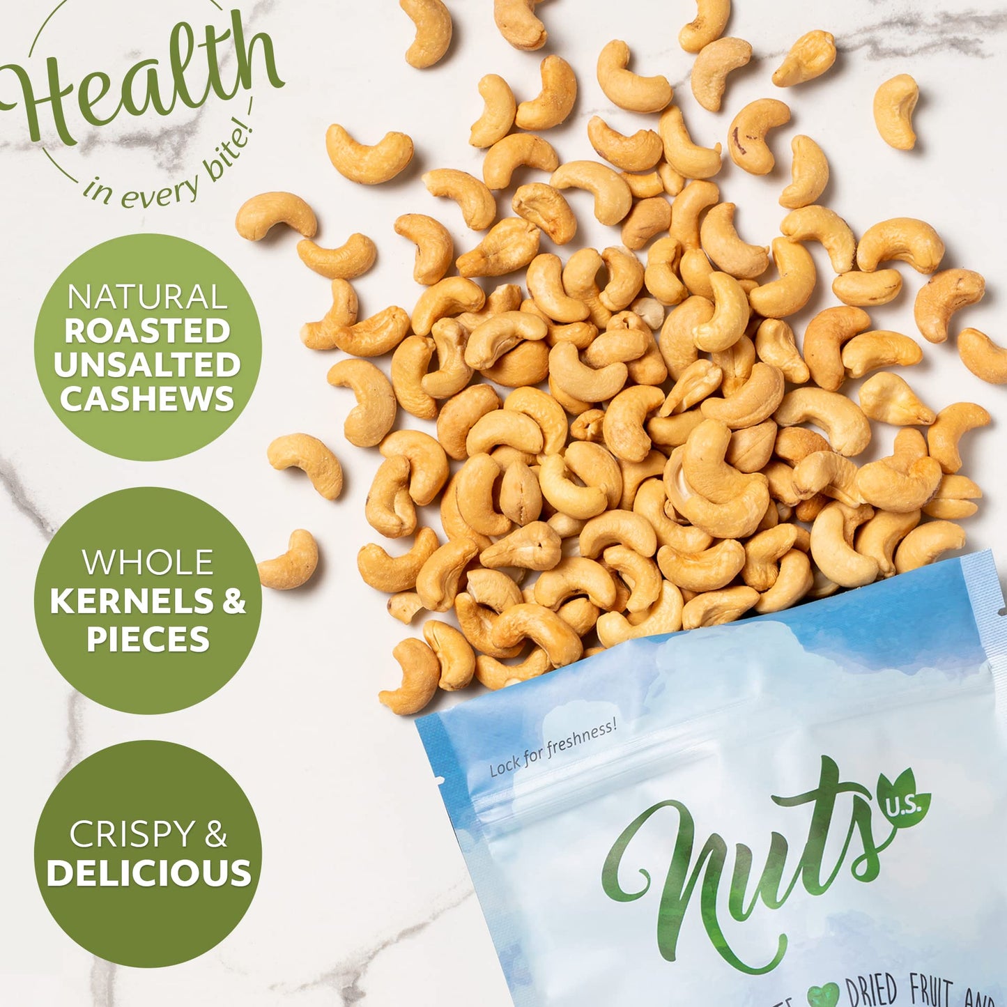 NUTS U.S. - Roasted and Unsalted Cashews | Whole Kernels (80%) and Pieces | Just Right Crispy and Delicious | Natural Cashews!!! (2 LBS)