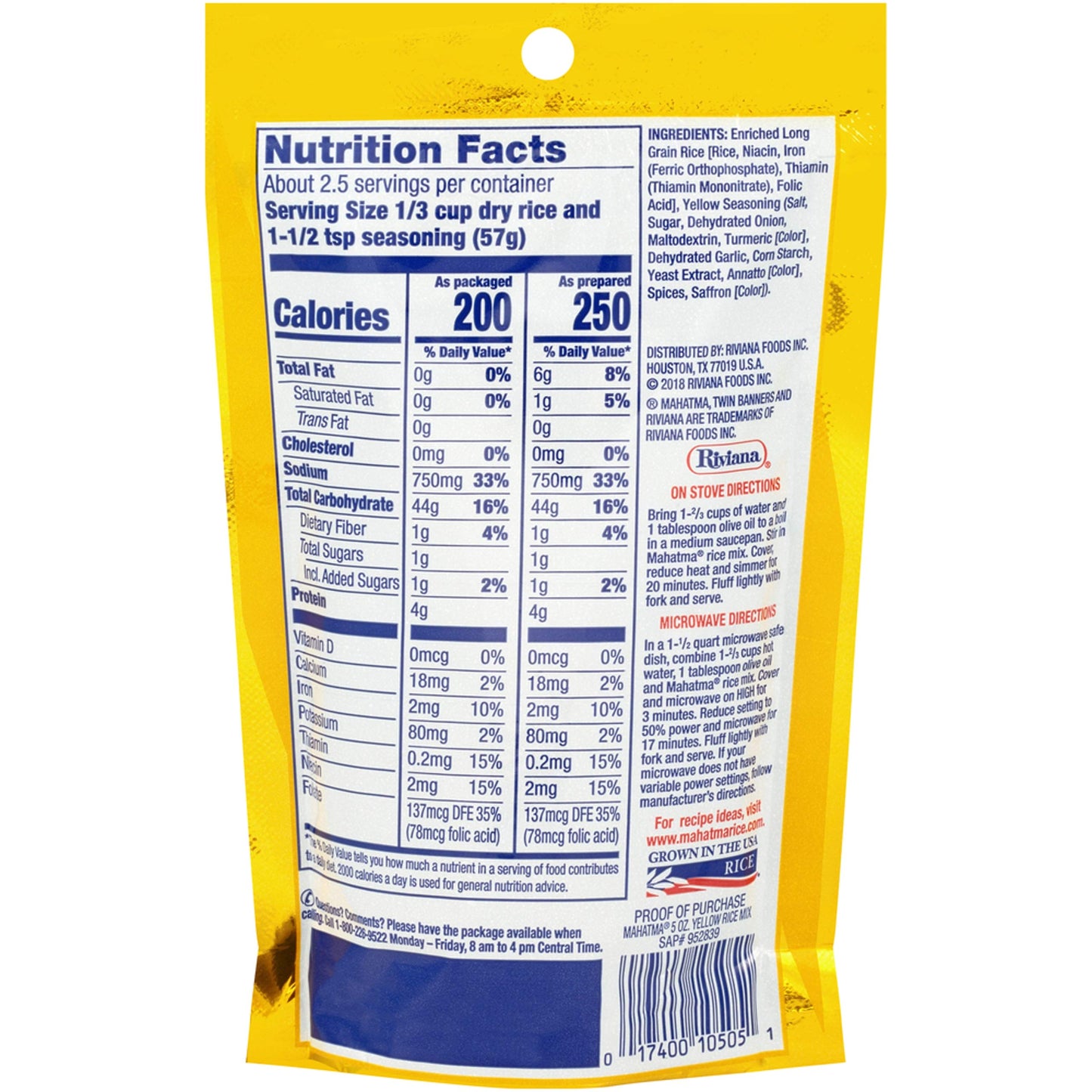 Mahatma Yellow Seasonings & Long Grain Rice, Gluten-Free, Non-GMO, Vegan, 5 oz Bag