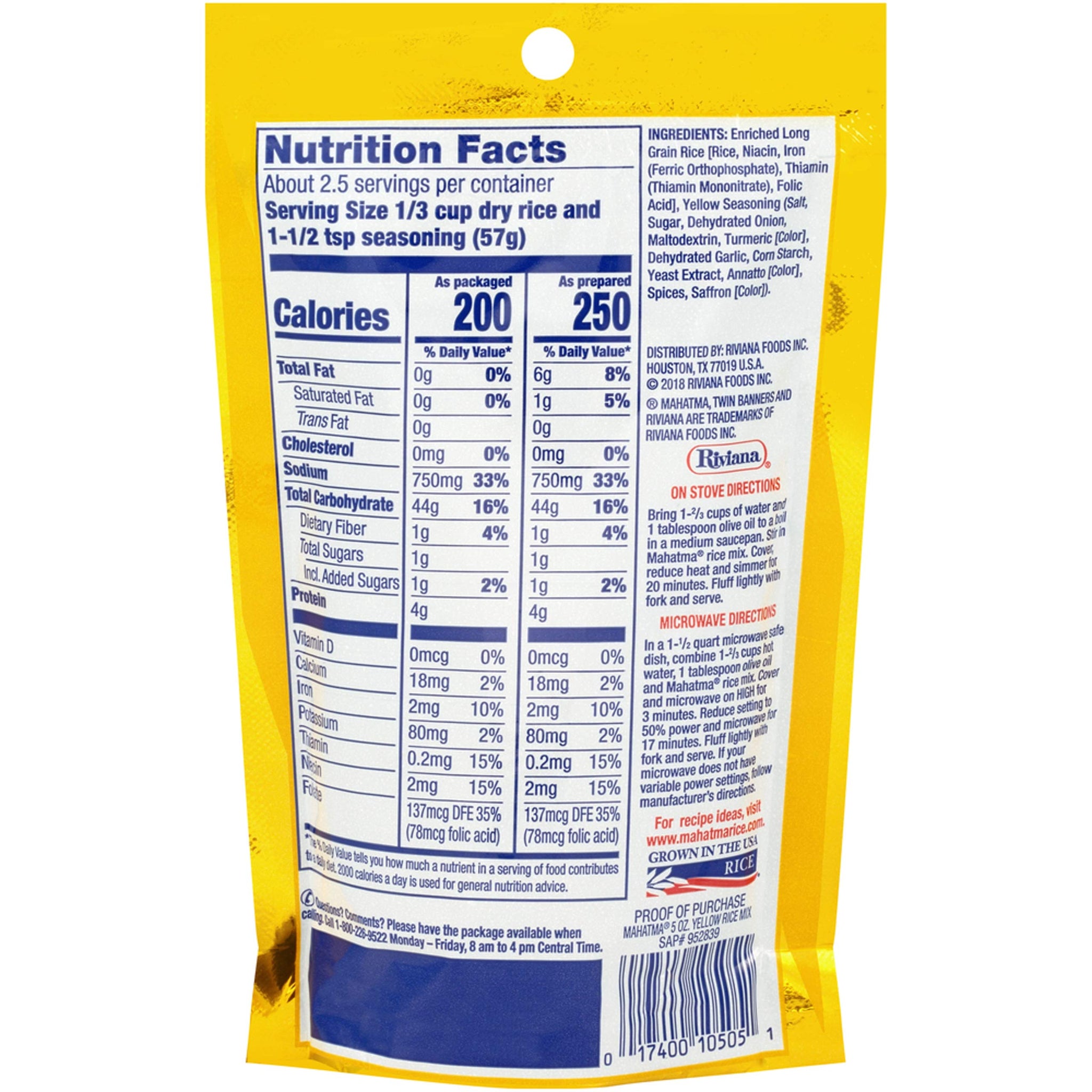 Mahatma Yellow Seasonings & Long Grain Rice, Gluten-Free, Non-GMO, Vegan, 5 oz Bag