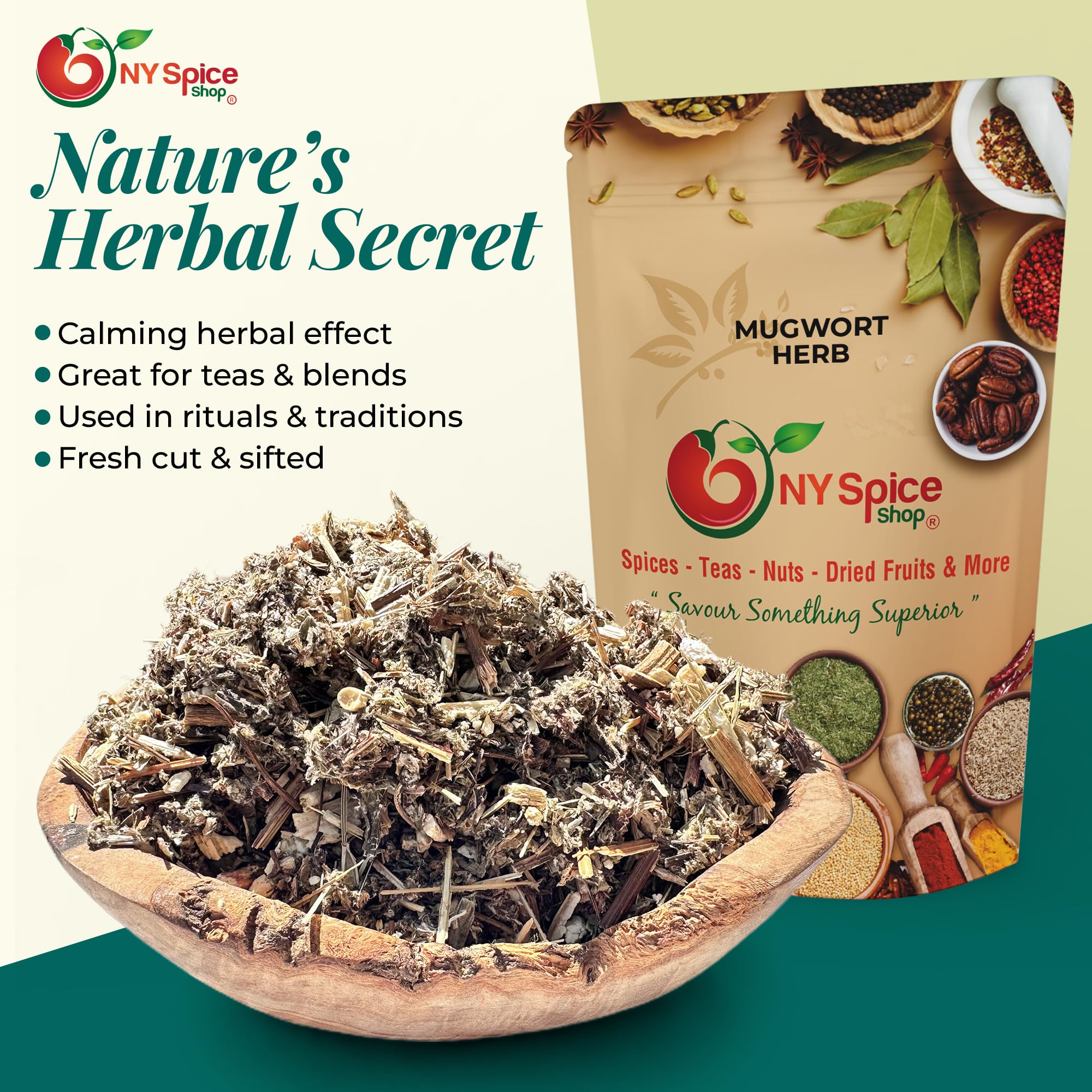 NY Spice Shop Mugwort Herb Dried Cut And Sifted - 8 Ounce Dry Artemisia Vulgaris Herbs - Natural Premium Mugwort Herb for Herbal Tea - Natural