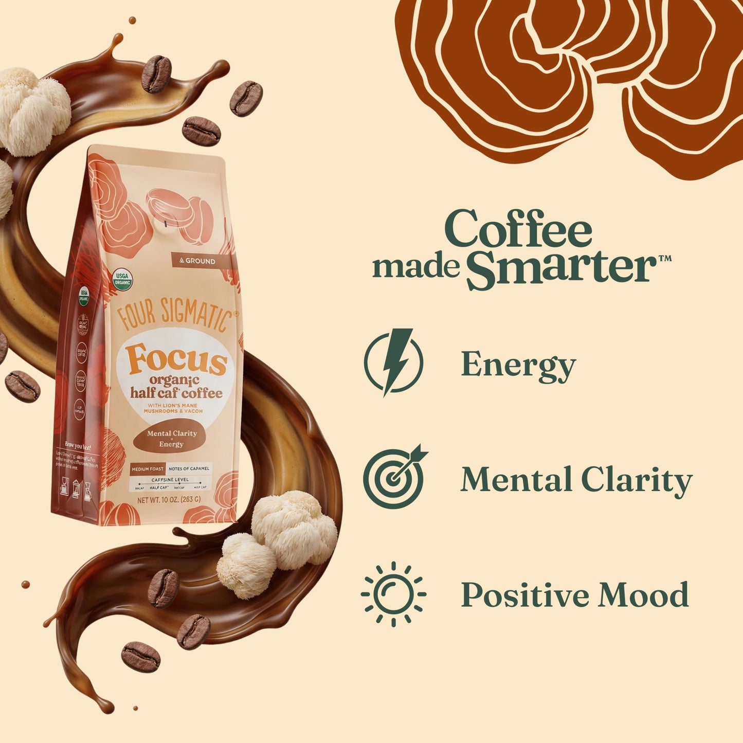 FOUR SIGMATIC Organic Focus Half Caf Ground Coffee, 10 OZ