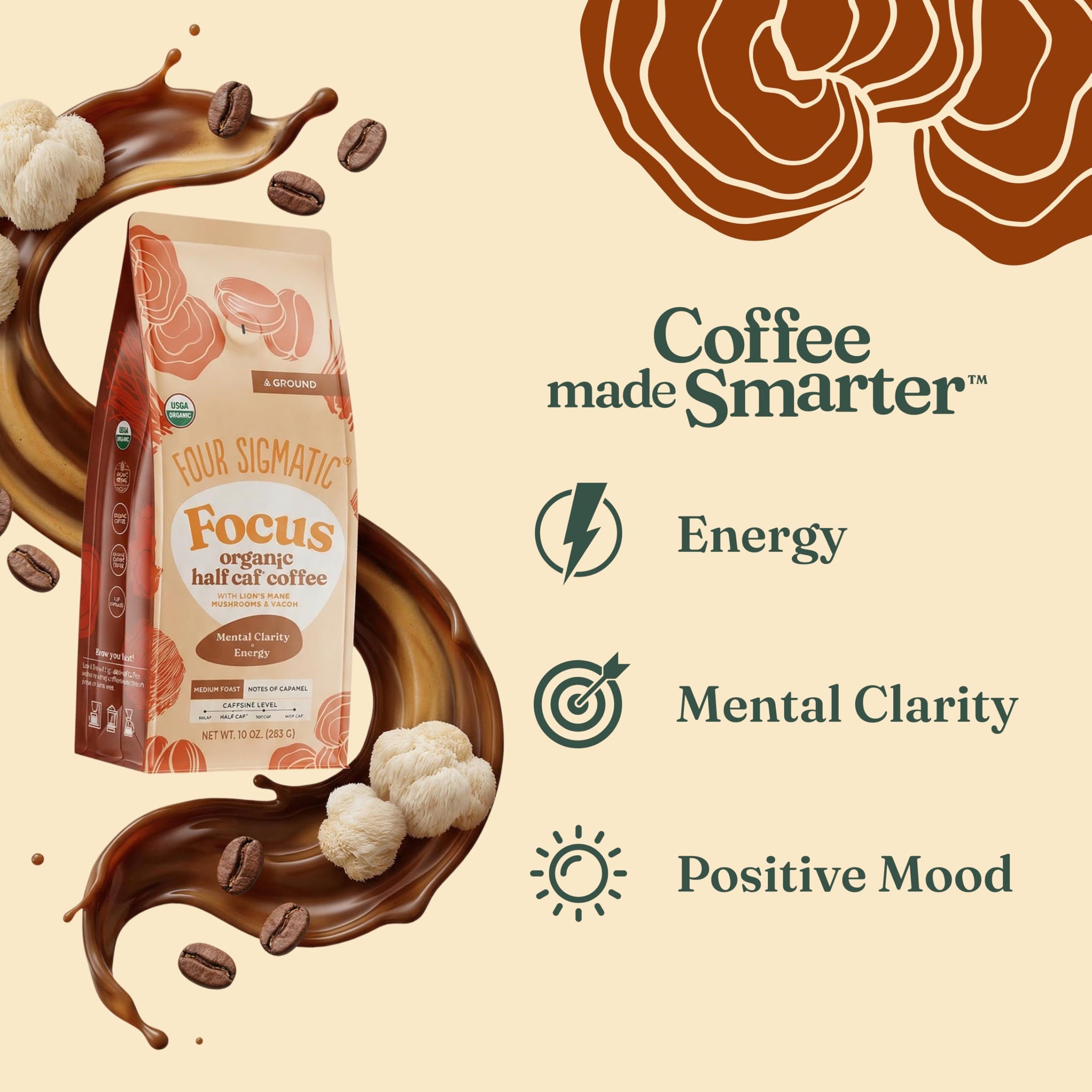 FOUR SIGMATIC Organic Focus Half Caf Ground Coffee, 10 OZ