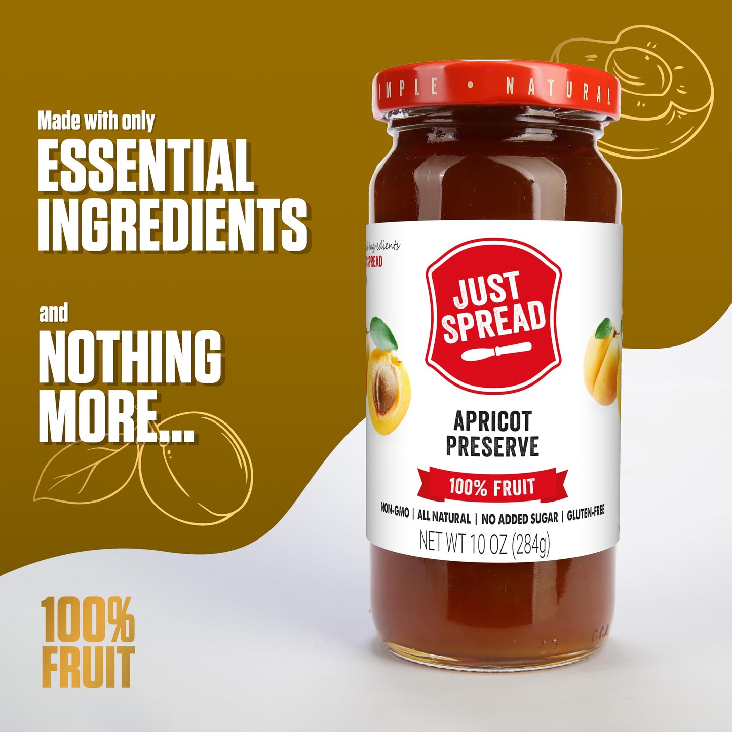 Just Spread 100% Fruit Preserve | Made with Real Fruit Pieces & Only 4 Ingredients | Gluten Free, Vegan, Non GMO, No Added Sugar | 10oz Jar (Apricot)