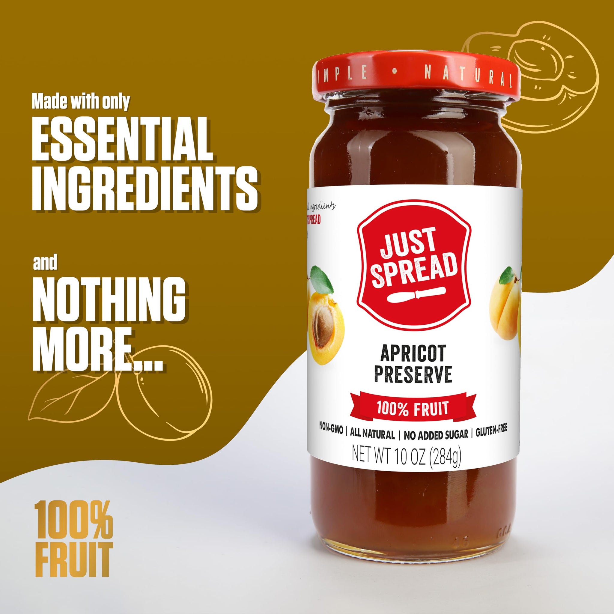 Just Spread 100% Fruit Preserve | Made with Real Fruit Pieces & Only 4 Ingredients | Gluten Free, Vegan, Non GMO, No Added Sugar | 10oz Jar (Apricot)