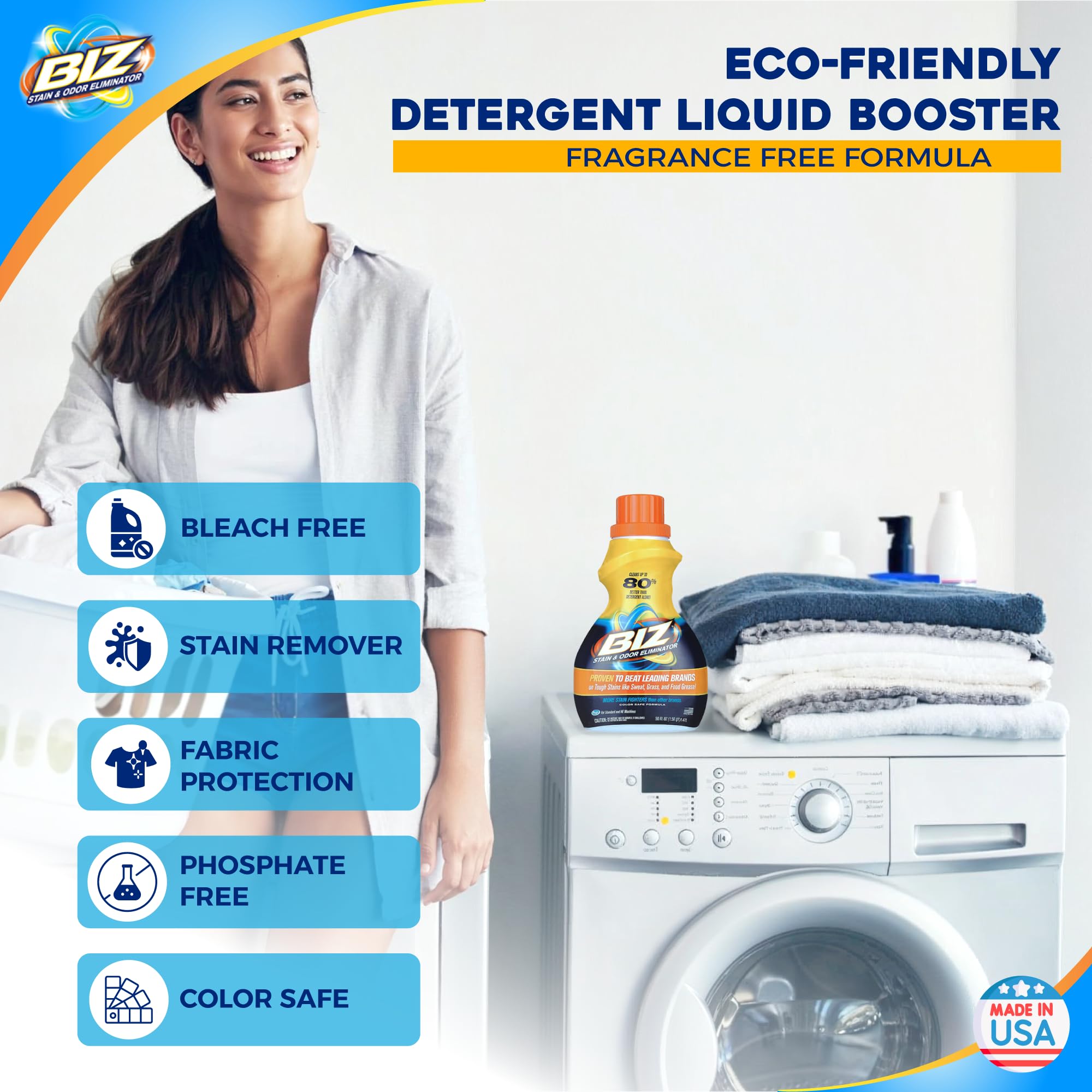 Biz Laundry Detergent Liquid Booster, Stain and Odor Eliminator for Tough Stains Like Sweat Grass and Food Grease, Best Stain Remover for Clothes